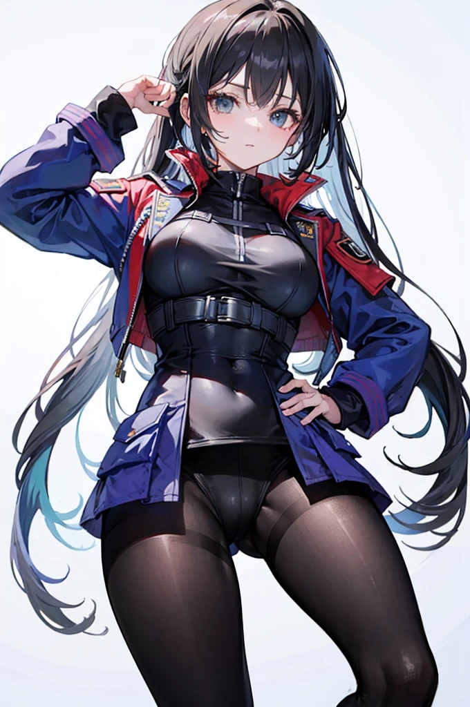 army suit,black pantyhoses,black military boots,mitts,Put your hands behind your back,a sexy pose