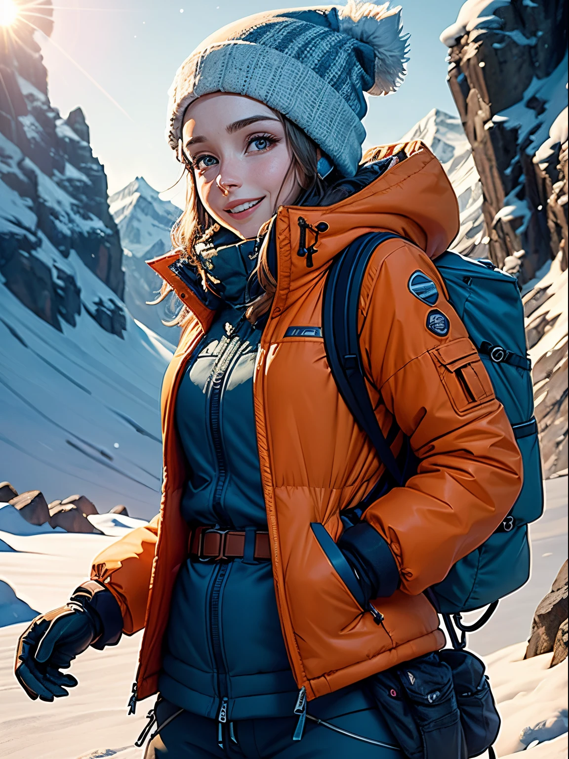 Jodie Comer wearing snow goggles, smiling, hiking in the Himalayas, deep snow, dramatic lighting, lens flare, blue shadows, spindrift, wearing orange goretex jacket, bulky waterproof trousers, gloves, snow goggles, beanie, gaiters and Grivel crampons, rucksack, rope attached to belt, Sherpas in distance