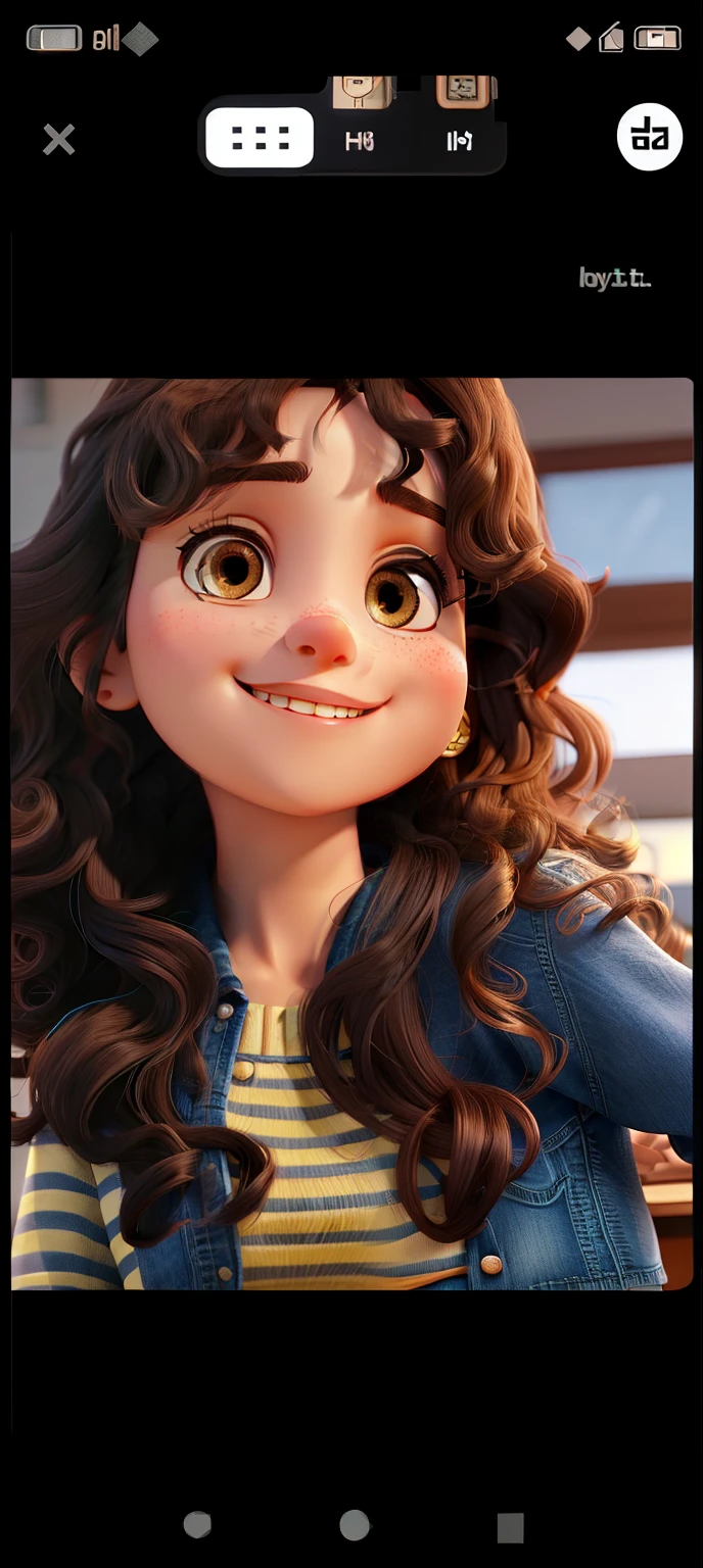 A beautiful girl with medium curly hair with bangs and dark brown, Dark eyes in jeans and white knitting smiling