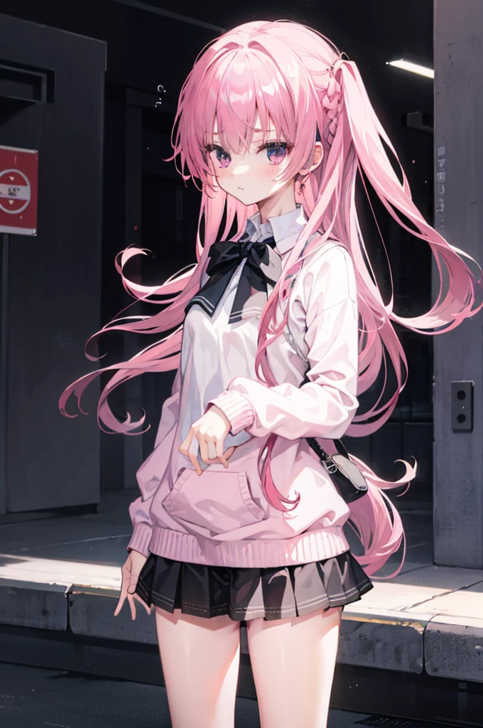 mitsukasa ayas，a white sweatshirt，The shirt，black short skirt，Dark black stockings，gentleness，urban backdrop，natta，Long straight pink hair,Lift up your skirt yourself, White under underwear, Cute white panties,spread, Lingerie Camelto