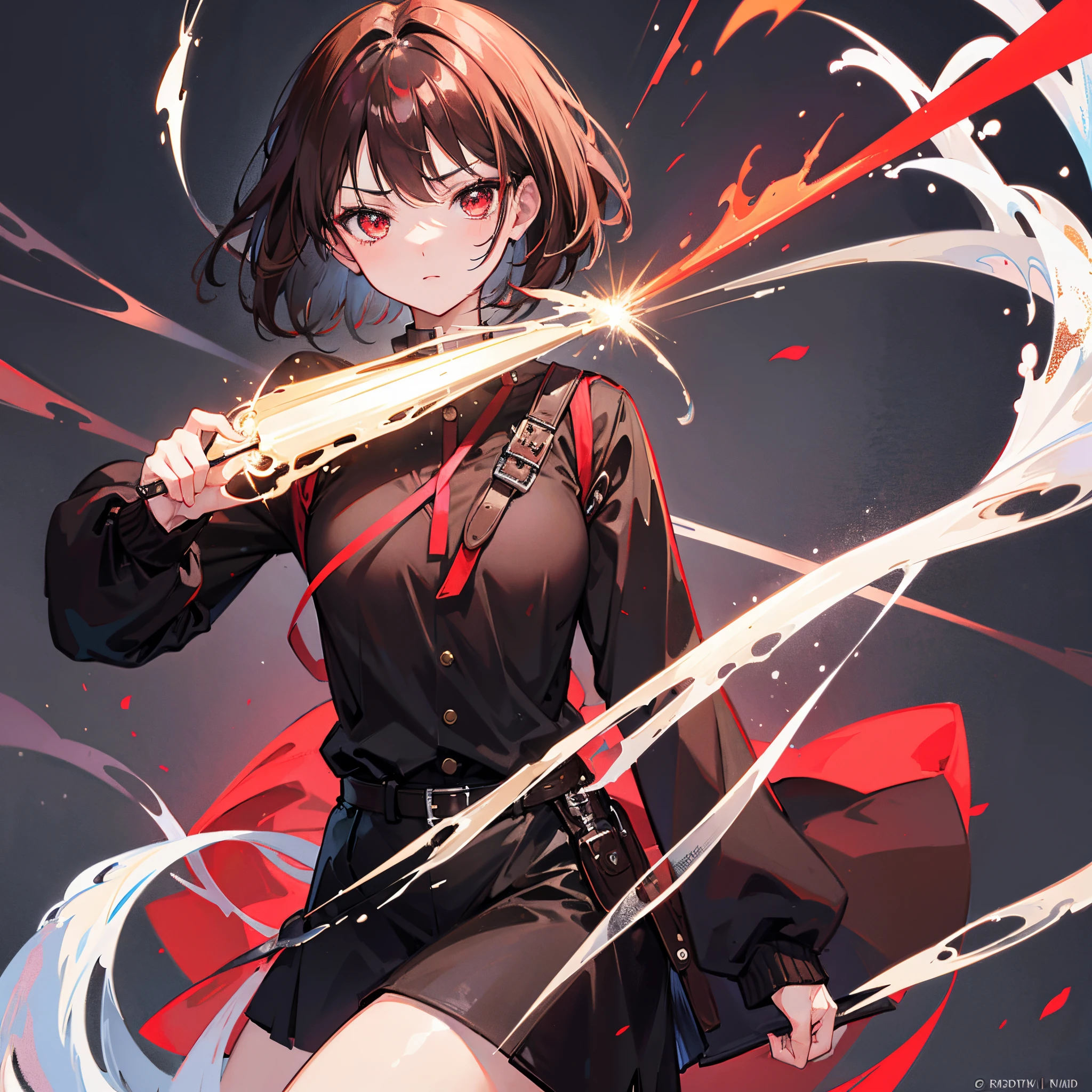 girl, red eyes, brown short hair, black clothes, beautiful, masterpiece, magical, perfect, rage, sword