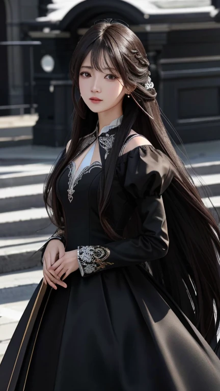 Ultra HD, The 8k quality, girl with, Very long hair, black blur dress, Detailed eyes, Front capture, unreal enginee 5,