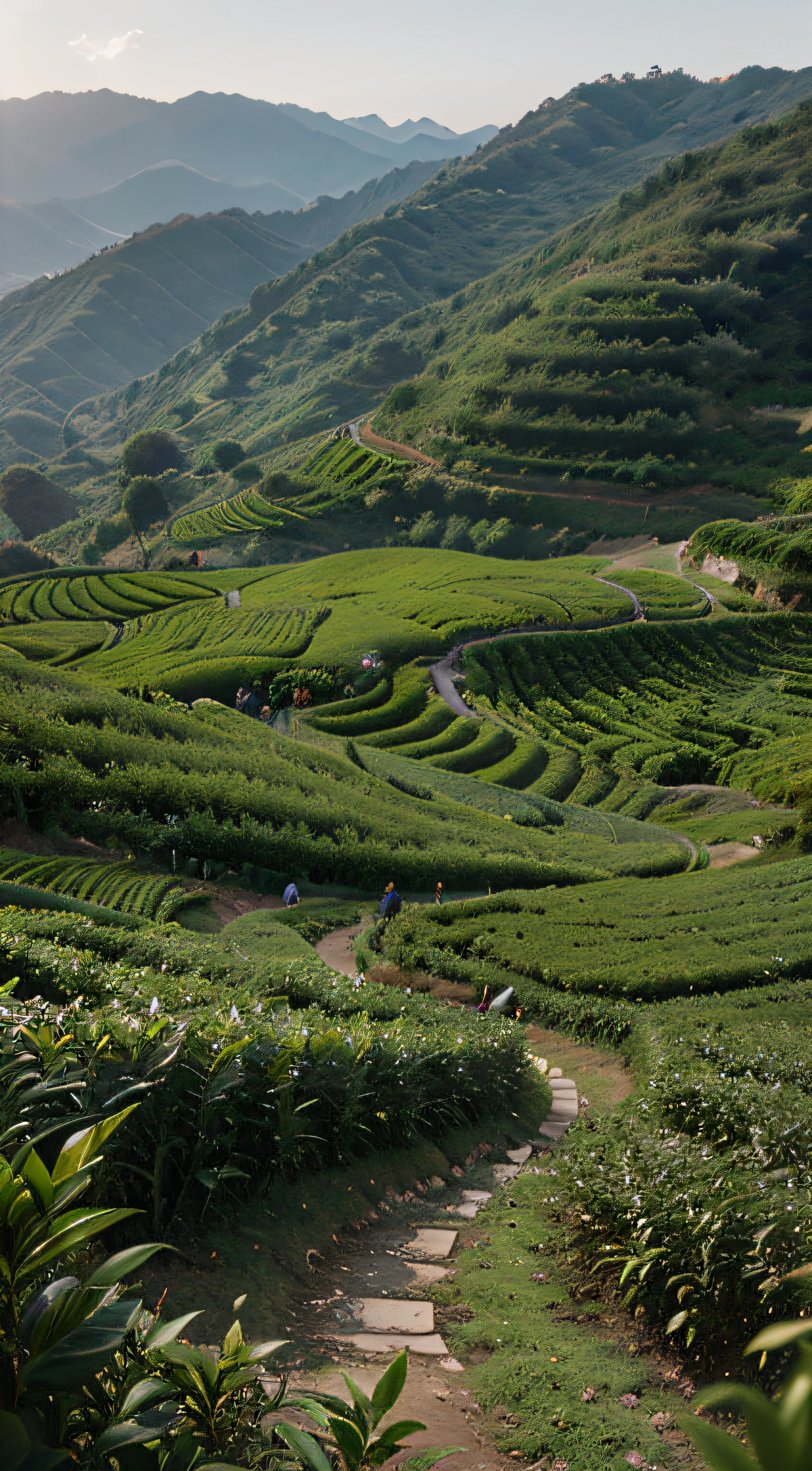 photorealistic image of a great beautiful tea farm in Iran, tea farm, green, landscape, cinematic, dramatic lighting, ultra realistic, fine details, wide shot, 4K, octane render, HD, photo
