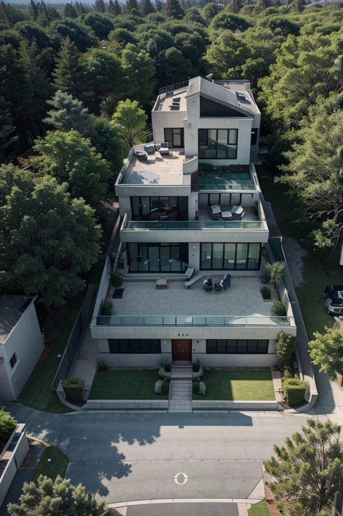 birds eye view rendering of modern house with medium driveway and pine trees