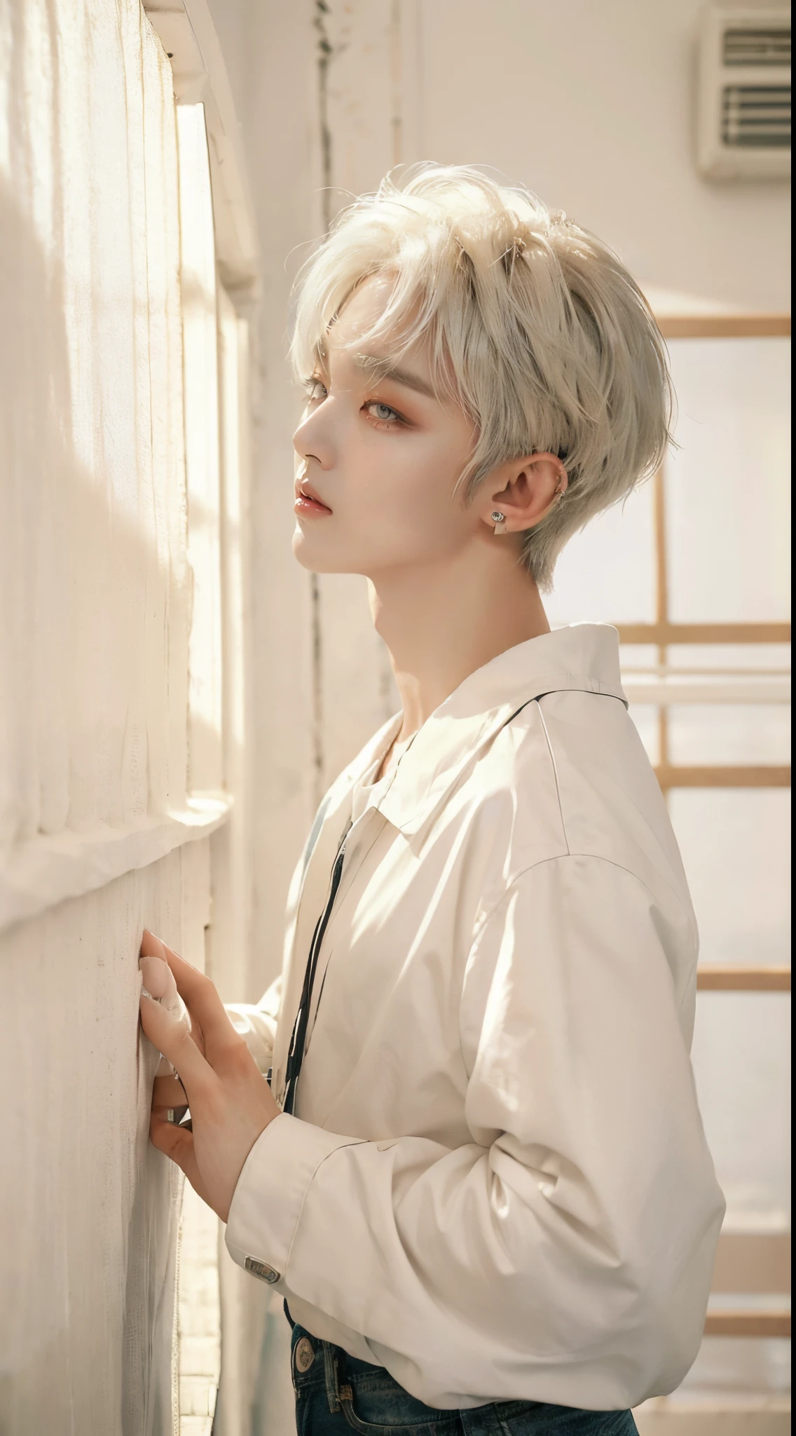 ((4K works))、masterpiece、(top-quality)、((high-level image quality))、((One Manly Boy))、Slim body、((Attractive and sexy jeans fashion))、((Men's Fashion))、(Detailed beautiful eyes)、In a soundproof room、Record a song、Face similar to Chaewon in Ruseraphim、((short hair above the ears))、((Smaller face))、((Neutral face))、((White hair))、((Brown eyes))、((Korean boy))、((18year old))、((Handsome man))、((sings))、((Korean Makeup))、((elongated and sharp eyes))、((Like a celebrity))、Everyday photography、((Shot alone))、((Shot diagonally from the side))、((Upper body photography))、((Artist Photos))