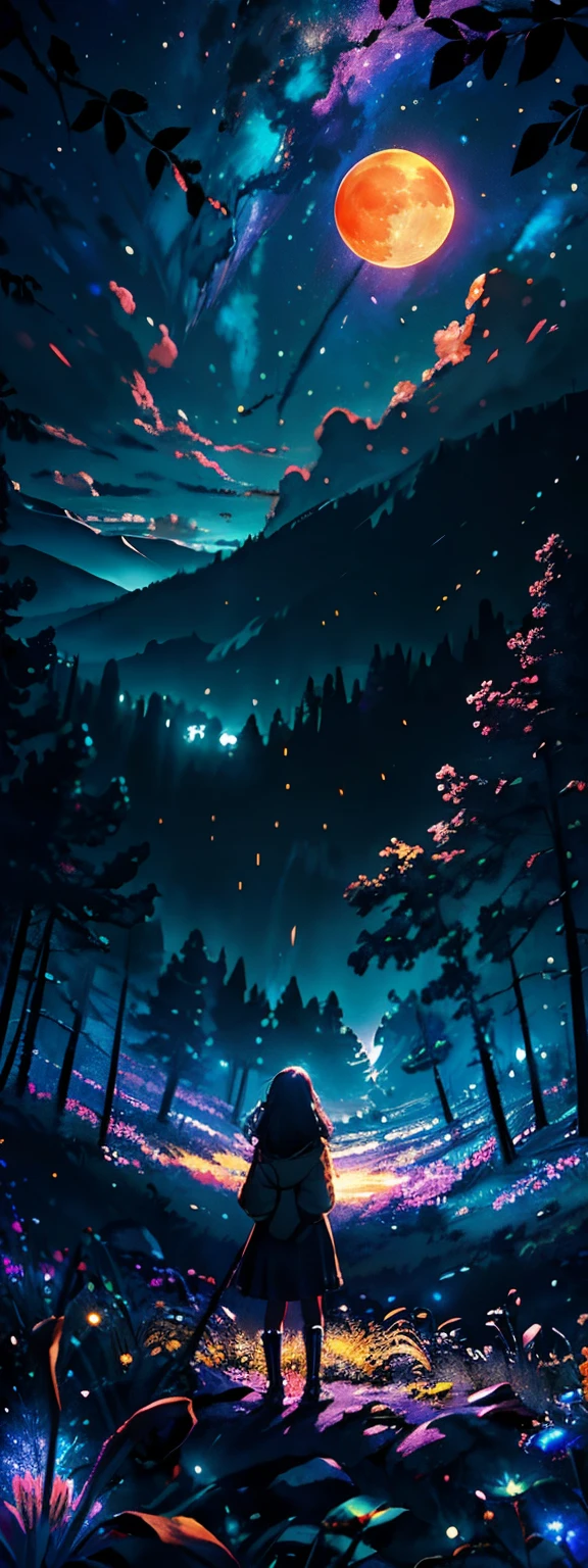 Expansive landscape photograph, (view from below with a view of the sky and the wilderness below), little girl standing in a flower field looking up, (full moon: 1.2), (shooting star: 0.9), (nebula: 1.3), distant mountain, tree break production art, (warm light source: 1.2), (firefly: 1.2), lamp, purple and orange, intricate detail, volume lighting BREAK (masterpiece: 1.2), (highest quality ), 4k, ultra-detailed, (dynamic configuration: 1.4), highly detailed and colorful details (iridescent: 1.2), (sparkling lighting, atmospheric lighting), dreamy, magical, (solo: 1.2)