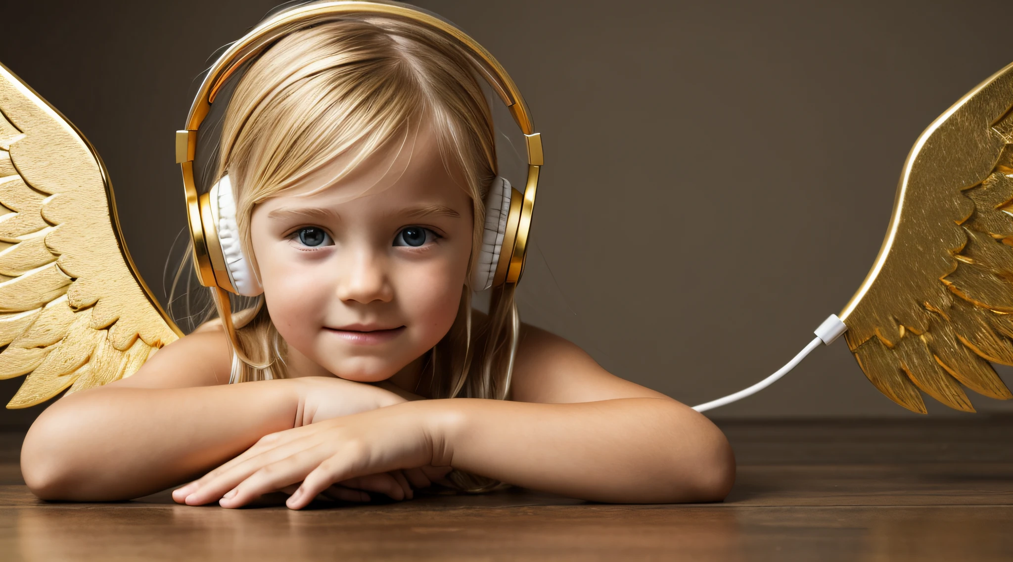uma foto CHILD blonde FIREHEAD with headphones, ANGEL'S WINGS GOLD , with hands on face.