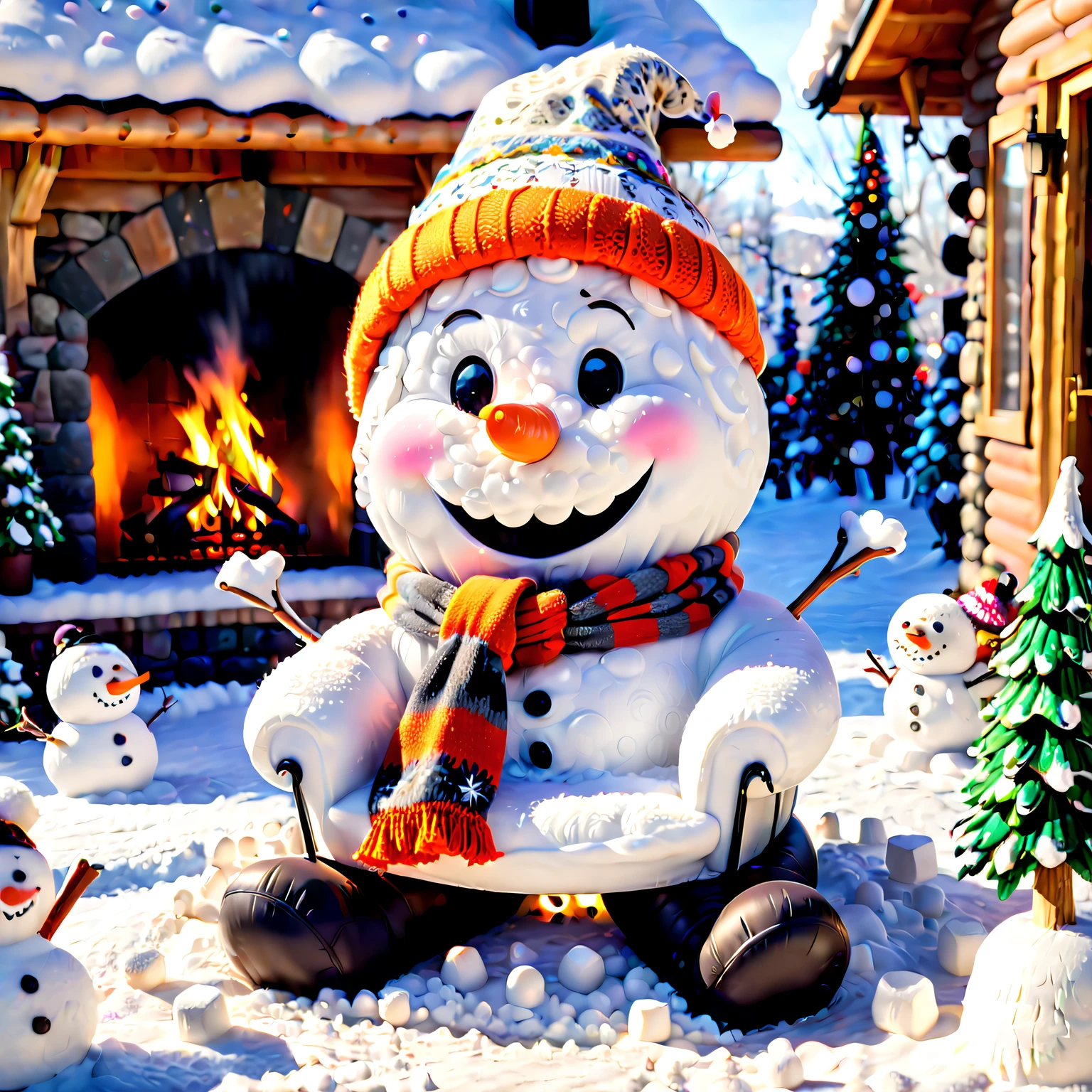 a snowman chair,PE snow sculpture，Photorealsitic，higher details,3 Rendering,Vibrant colors,Ultra-fine details,(Best quality at best,A high resolution:1.2),room interior design,Cozy winter atmosphere,gentlesoftlighting,Snow-covered landscape,Seasonal decoration,Happy kids playing,snowflakes falling,Wooden handrails,Blurred snow texture,Carrot nose,Coal eye,grin face,Winter wonderland,Comfortable seating area,Fun and whimsical,Playful elements,Handmade charm,The festive atmosphere is strong,cheerful,fluffy hat and scarf,Pleasant winter experience,Relax by the fireplace,Amazing snowscape,cabin feel,Comfortable and warm,Hot cocoa and marshmallows,stitching details,indoor winter decoration,Snowy mountains in the distance,fresh, Cold,Magical winter atmosphere,childhood memory,Cold personality,Friendship and solidarity