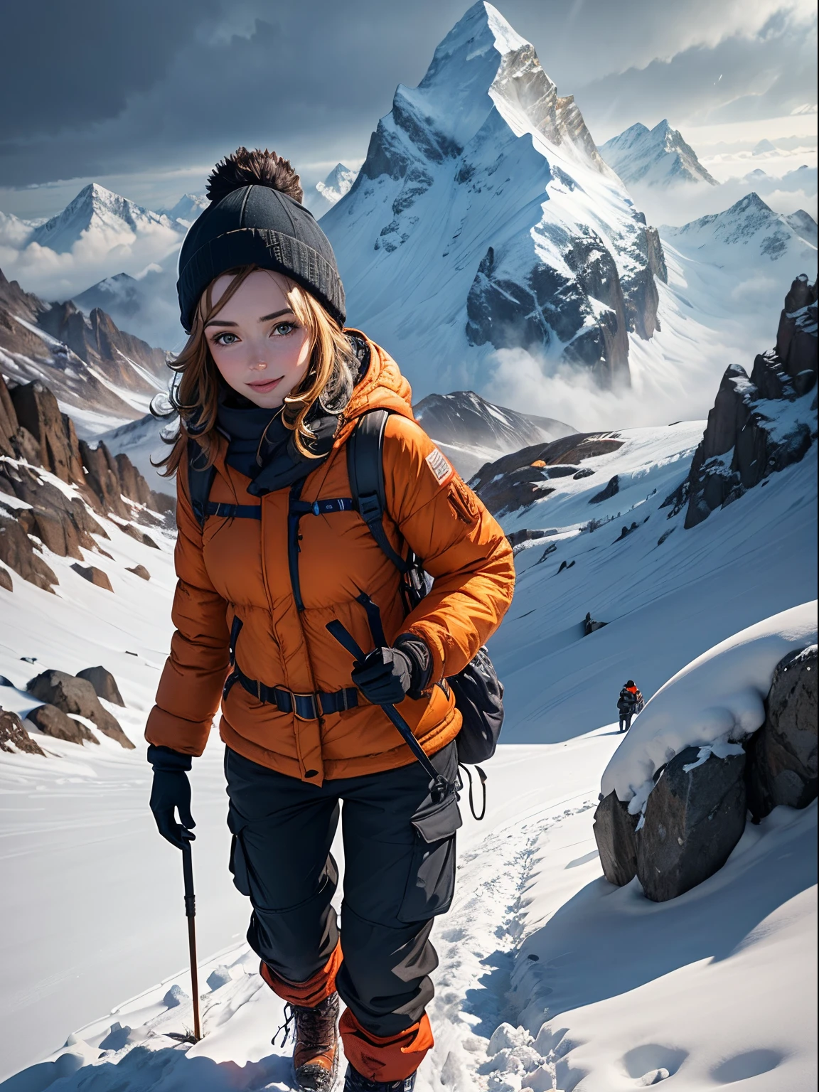 Jodie Comer, smiling, hiking up a very steep slope in the Himalayas, barren mountainside, misty, storm clouds, deep snow, dramatic lighting, lens flare, blue shadows, spindrift, wearing orange goretex snow-suit, bulky waterproof trousers, snow goggles, beanie, gaiters and Grivel crampons, rucksack, ice axe, rope attached to belt, prayer flags in distance