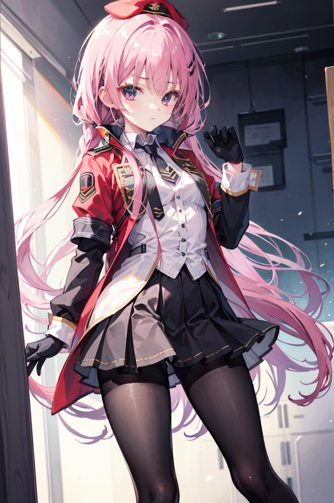 mitsukasa ayas,army suit,Manteau,short skirt,black pantyhoses,black military boots,mitts,Place your hands behind your back,A sexy pose