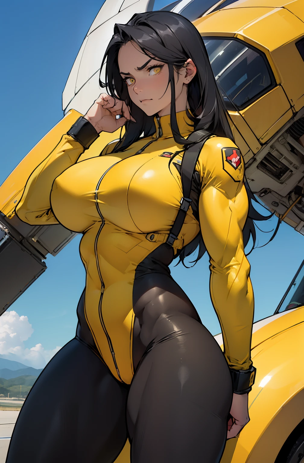((((muscular girl thick thighs huge breasts)))) black hair yellow eyes pale skin waistup frowning bodysuit UHD 16k best quality pilot suit wide hips long hair