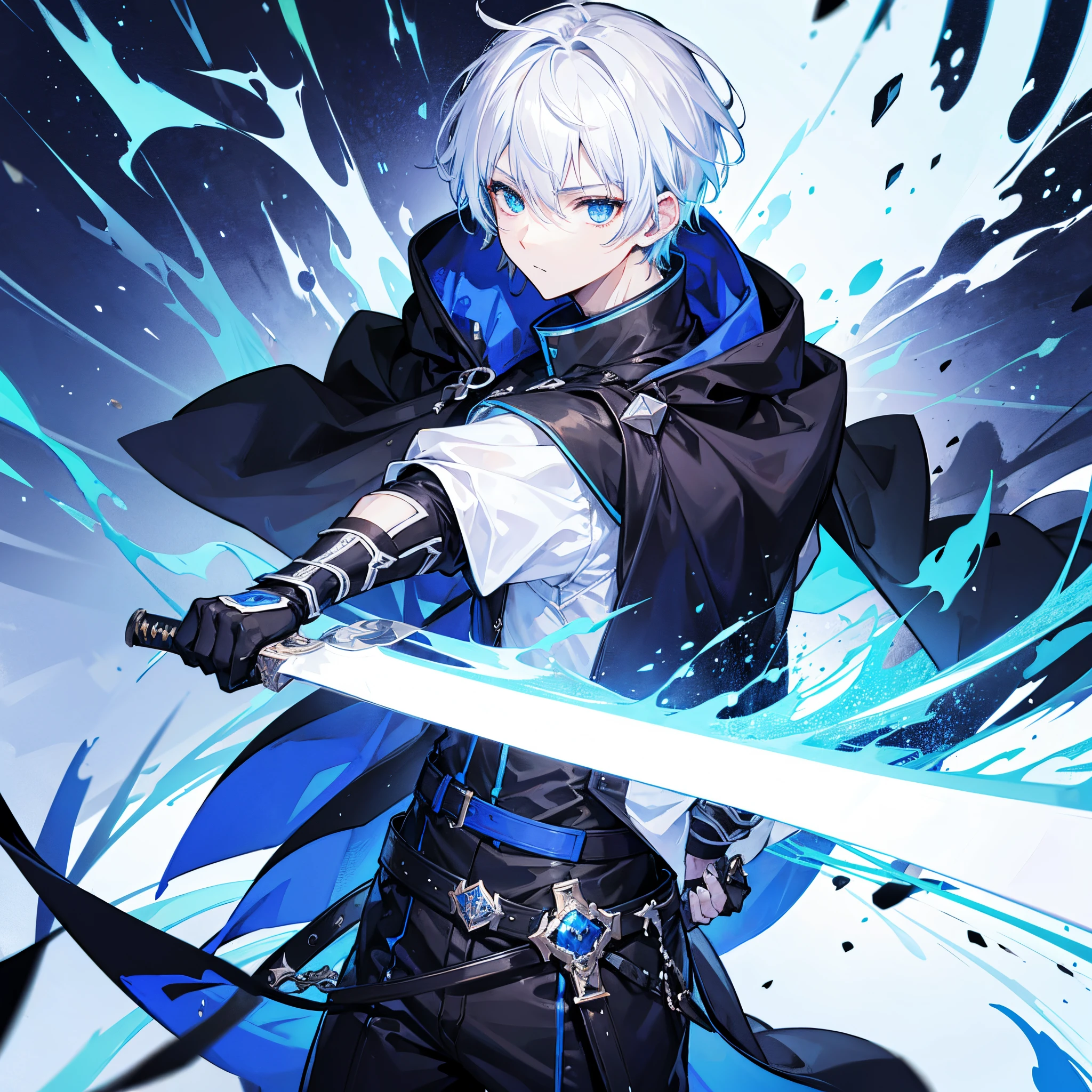 guy, male, man, white short hair, blue eyes, black clothes, sword