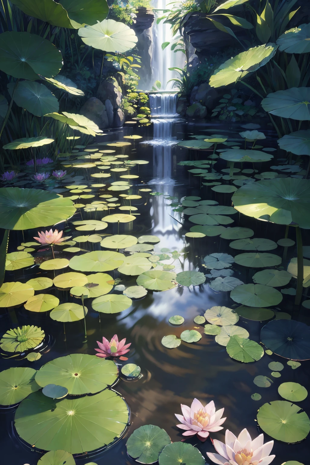 Original，（illustratio：1.1），（best qualtiy），（tmasterpiece：1.1），（the Extremely Detailed CG Unity 8K Wallpapers），（a color：1.2），water lilies，Water lily petals，scenecy，rios|Wagas，