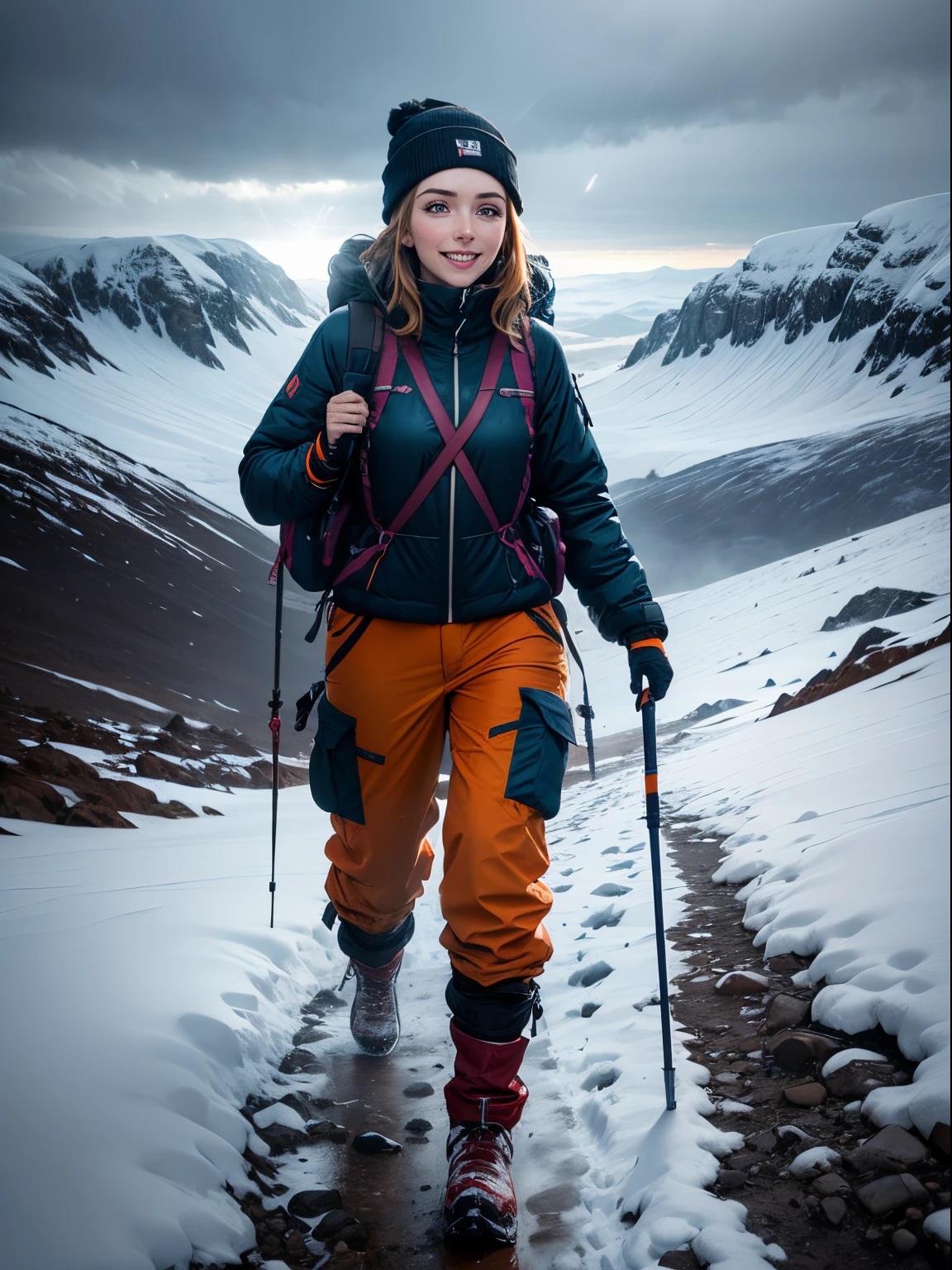 Jodie Comer, smiling, hiking up a very exposed slope in Scotland, barren mountainside, misty, storm clouds, deep snow, dramatic lighting, lens flare, blue shadows, spindrift, wearing orange goretex jacket, bulky waterproof trousers, snow goggles, beanie, gaiters and Grivel crampons, rucksack, ice axe, rope attached to belt