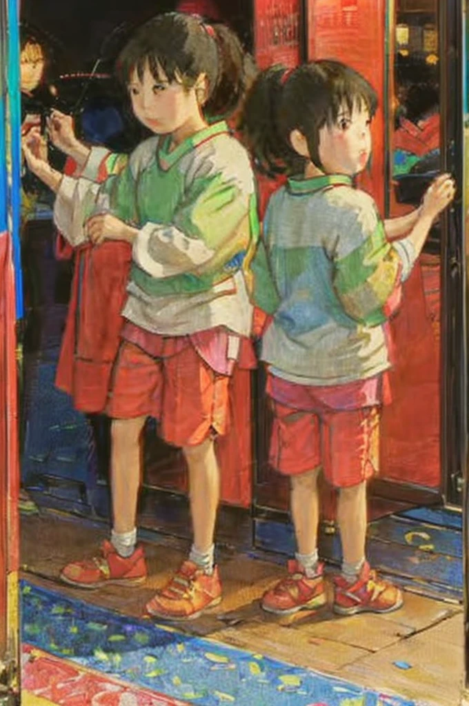 klimt painting。 Taiwan Night Markets, Elementary school student with a ponytail wearing shorts and looking for his parents