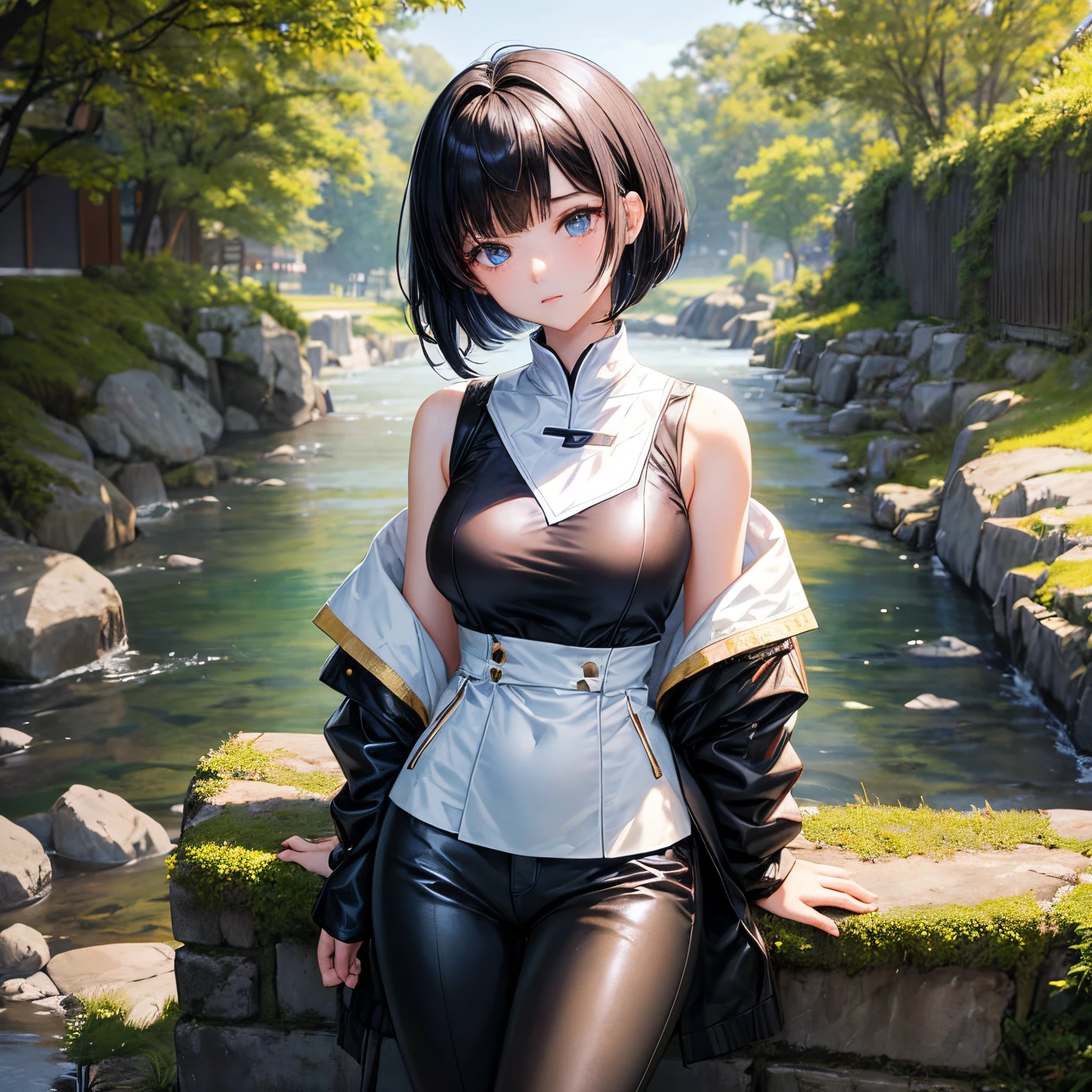 Girl of Korean ethnicity, short shoulder-length black hair with a tomboy hairstyle and a fringe covering the forehead. Light blue eyes and pale skin, she wears a white formal t-shirt, a black jacket with golden stitching in the shape of branches over her shoulders and long black pants with the same golden designs, She must be wearing security goggles over her head.