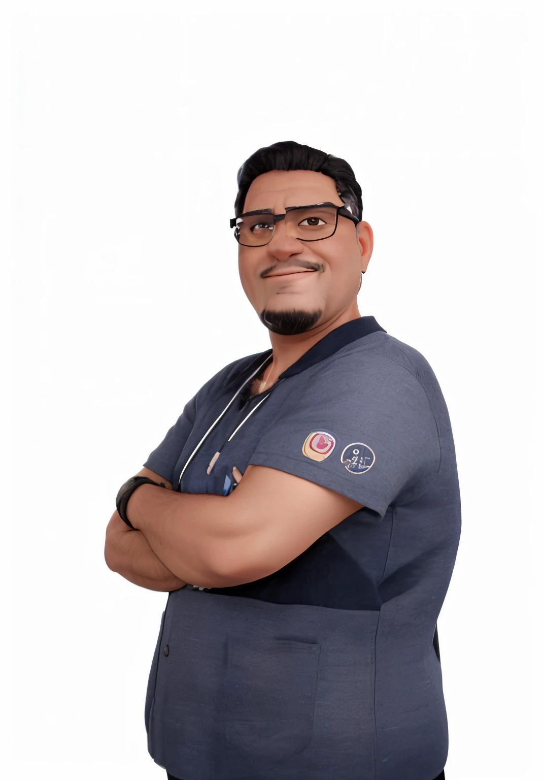 Middle-aged man, cabelo preto meio ondulado com alguns fios grisalhos, topete pequeno, prescription glasses, face ligeiramente arredondada, com bigode e cavanhaque pretos bem alinhados e aparados