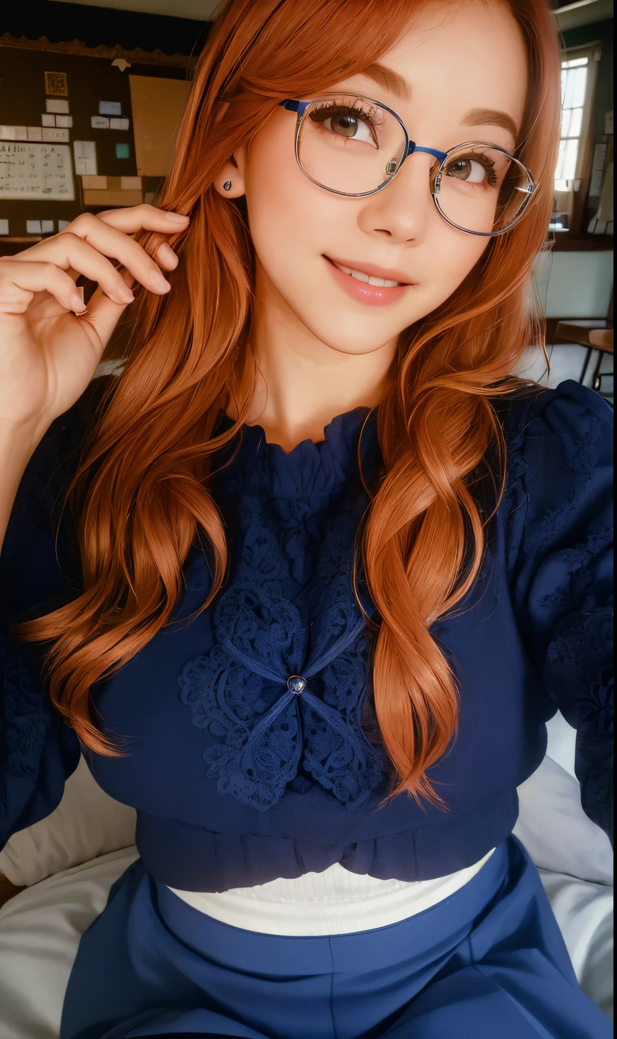(A small chest:1.3),(Masterpiece, Best quality:1.4), (Beautiful, Aesthetic, Perfect, Delicate, Intricate:1.2),((Best quality)), ((Masterpiece)), (Detailed),(A high resolution:1.2), Classroom, An adult female, Smiling Claudia Chever, Blue shirt, Blue skirt, Glasses, Bend over, angle of view, redhead.