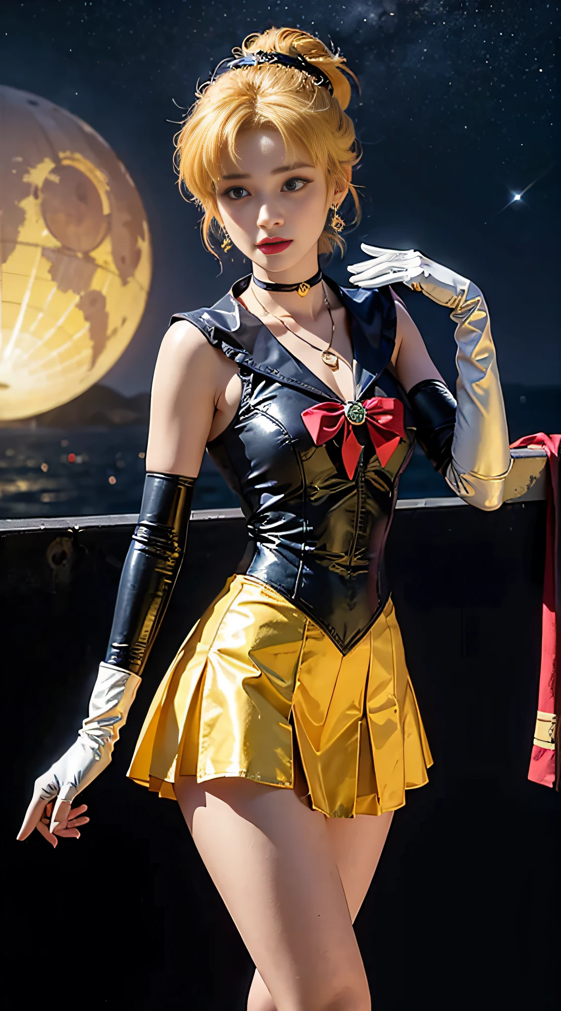 ((masterpiece:1.4)、(top-quality:1.4)、(reallistic:1.7))、masuter piece:1.4、a beauty girl、(Sailor Moon:1.4)、Tsukino Usagi、Body Fit Sexy Sailor Senshi Uniform、(latex shiny)、(The jacket is a white sleeveless sailor suit)、(Skirt Blue Sexy Ultra Ultra Pleated Mini Skirt)、The collar of the sailor suit is blue with two thin lines.、high leg swimsuit、Red cloth ornament on chest、(Wearing white gloves)、Kawaii Girl、Super beauty、foco nítido、Portrait photos、(Perfect female body:1.4)、perfectly proportions、Upper body photography:1.4、beautiful countenance、beautidful eyes、Narrow waist、beauty legs、(yellow hair:1.4)、(length hair:1.2)、Beautiful udder、large full breasts:1.2、Sexy ass、Raw photo、red-lips、Red high heels:1.4、a choker:1.4、a necklace:1.4、耳Nipple Ring:1.4、Luxurious Golden Tiara:1.4、1 screen display、a moon、kosmos、spaceships、A space station、City of the Future