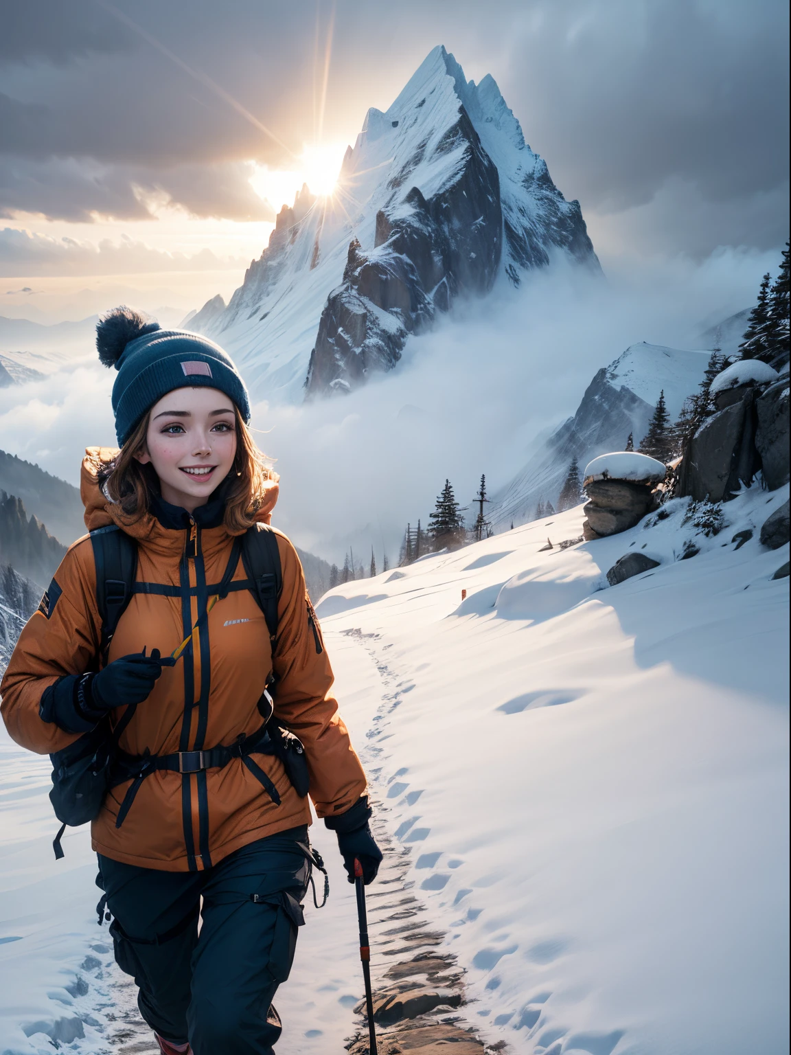 Jodie Comer, smiling, hiking up a very steep slope in the Himalayas, barren mountainside, misty, storm clouds, deep snow, dramatic lighting, lens flare, blue shadows, spindrift, wearing orange goretex jacket, bulky waterproof trousers, snow goggles, beanie, gaiters and Grivel crampons, rucksack, ice axe, rope attached to belt, Buddhist prayer flags in distance