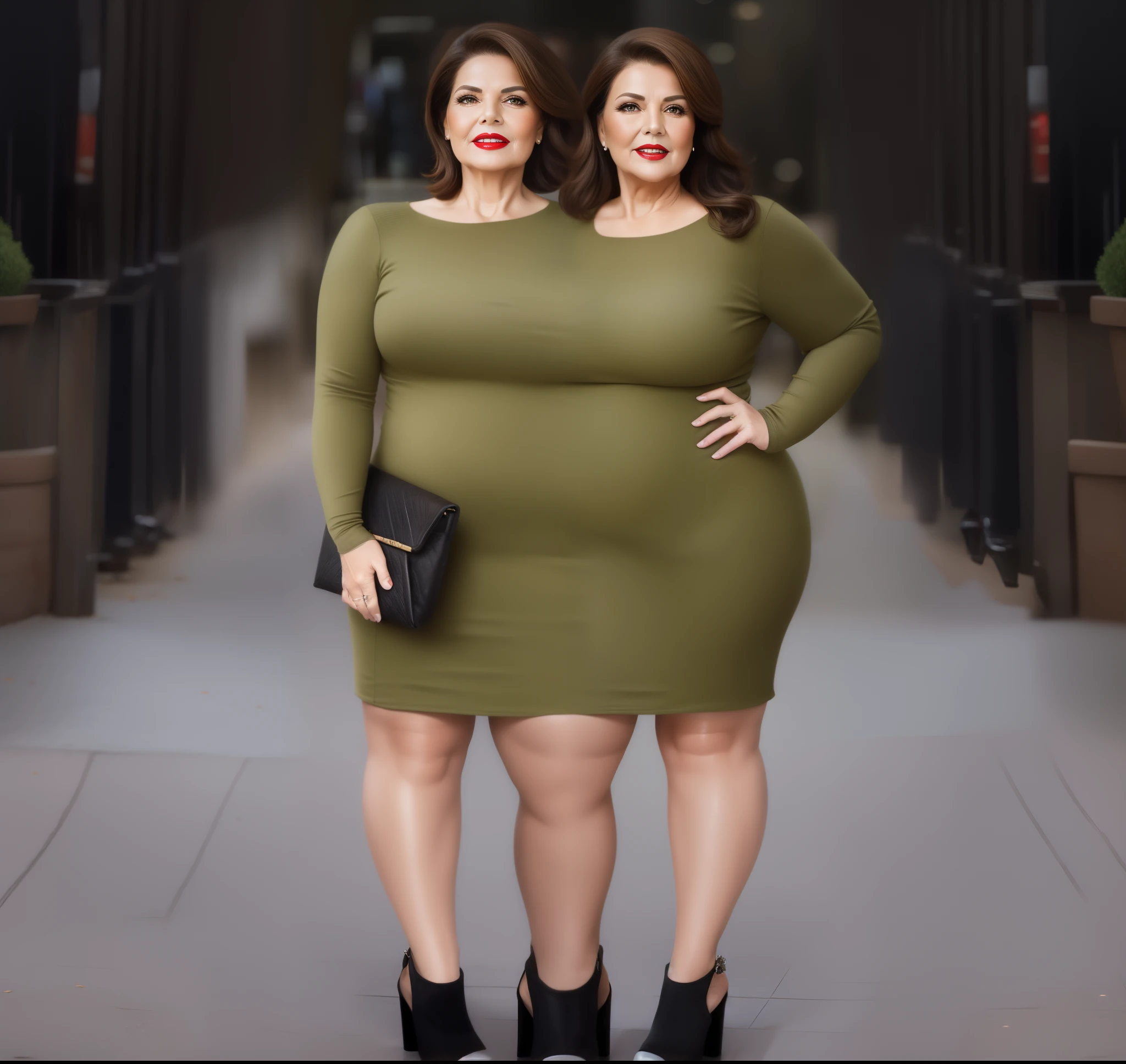 2 heads,Portrait of a 60-year-old woman with short brown hair, a captivating gaze, Brown eyes, Wrinkles on her face, Black pantyhose,high heels boots,Revealing her large sagging breasts, Light makeup and red lips. 32K