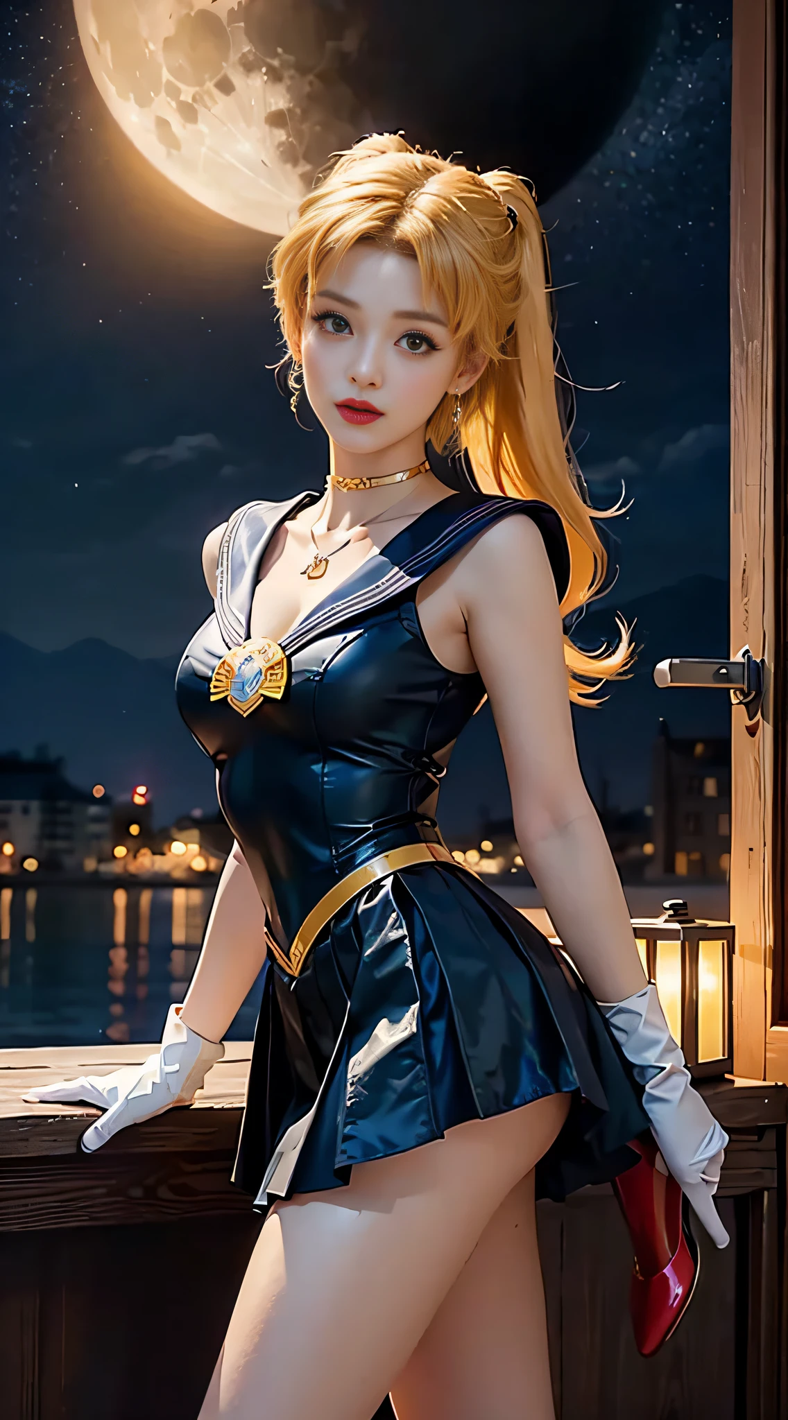 ((​masterpiece:1.4)、(top-quality:1.4)、(reallistic:1.7))、masuter piece:1.4、a beauty girl、(Sailor Moon:1.4)、Tsukino Usagi、Body Fit Sexy Sailor Senshi Uniform、(latex shiny)、(The jacket is a white sleeveless sailor suit)、(Skirt Blue Sexy Ultra Ultra Pleated Mini Skirt)、The collar of the sailor suit is blue with two thin lines.、high leg swimsuit、Red cloth ornament on chest、(Wearing white gloves)、Kawaii Girl、Super beauty、foco nítido、Portrait photos、(Perfect female body:1.4)、perfectly proportions、Upper body photography:1.4、beautiful countenance、beautidful eyes、Narrow waist、beauty legs、(yellow  hair:1.4)、(length hair:1.2)、Beautiful udder、large full breasts:1.2、Sexy ass、Raw photo、red-lips、Red high heels:1.4、a choker:1.4、a necklace:1.4、耳Nipple Ring:1.4、Luxurious Golden Tiara:1.4、1 screen display、a moon、kosmos、spaceships、A space station、City of the Future