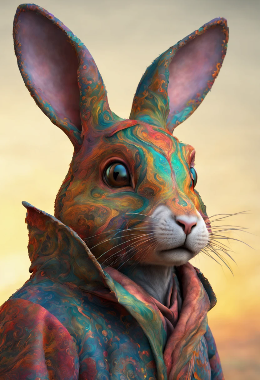 a peculiar RABBIT named Sirocco. Unlike any other RABBIT in the realm, Sirocco boasted a COAT that was a living tapestry of colors and patterns. AND BEAR LIKE EARS Each swirl and curl danced with the shades of dawn, and every strand sung with the vibrancy of a thousand sunsets. His appearance was so ethereal , HDRI, MATTE PAINTING, AWARD WINNING MASTERPIECE.