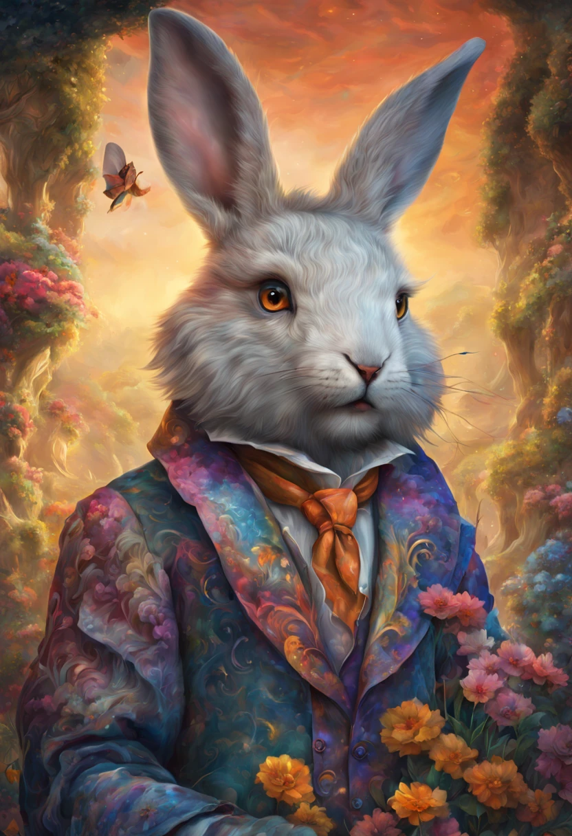 a peculiar RABBIT named Sirocco. Unlike any other RABBIT in the realm, Sirocco boasted a COAT that was a living tapestry of colors and patterns. AND BEAR LIKE EARS Each swirl and curl danced with the shades of dawn, and every strand sung with the vibrancy of a thousand sunsets. His appearance was so ethereal , HDRI, MATTE PAINTING, AWARD WINNING MASTERPIECE.