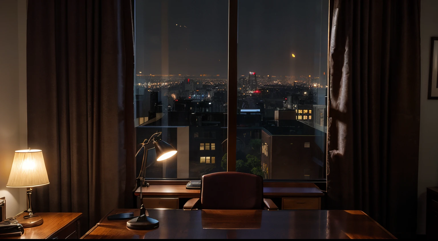 An office scene with a well-crafted wooden desk facing the screen, a president-style office chair behind the desk and in the background, large windows overlooking the city at night and curtains matching the burgundy carpet. The office is dark, lit only by the city light coming through the windows.