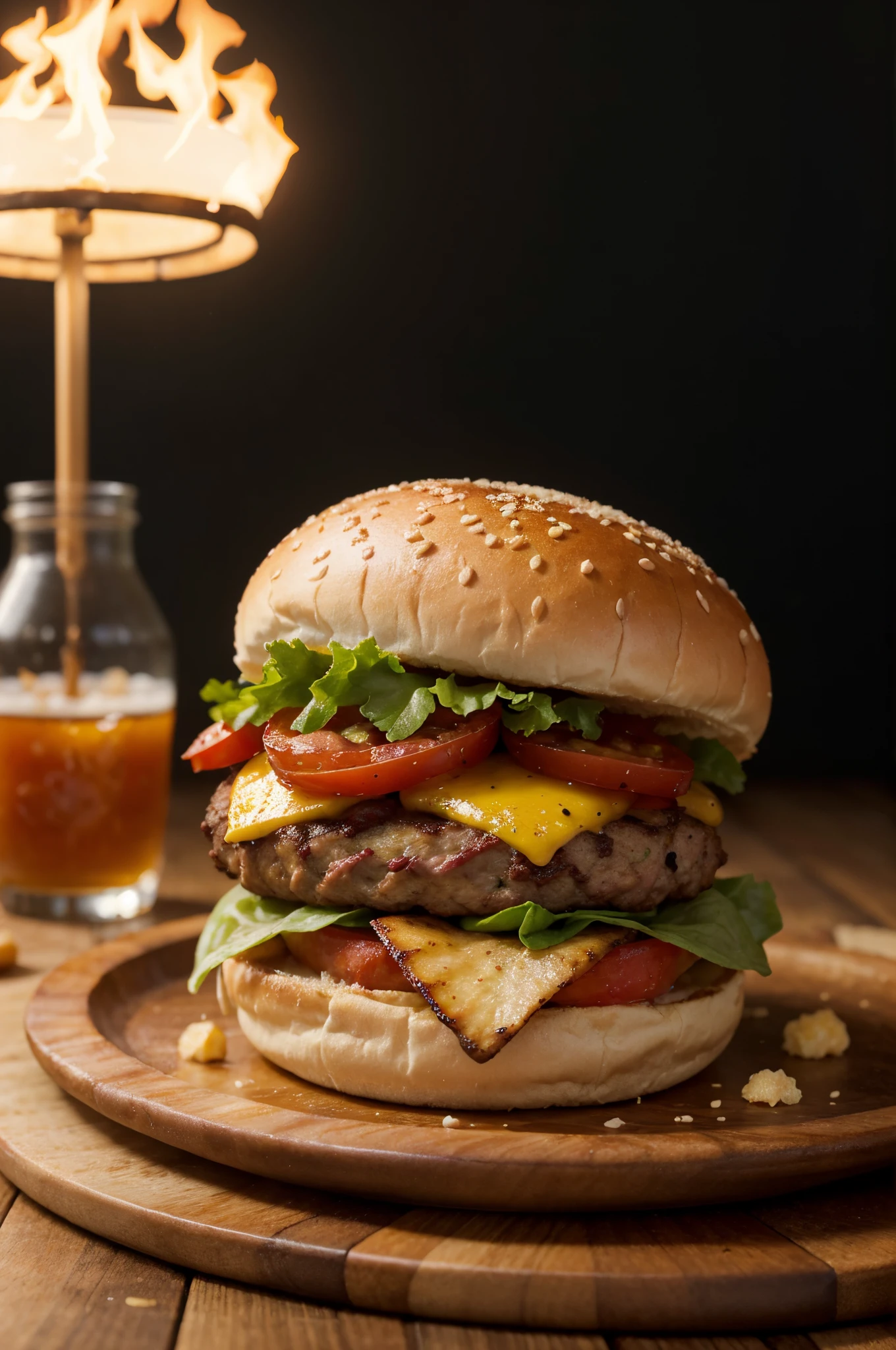 Create an advertising image of an artisanal burger restaurant that captures the tasty essence of the snack.
The image must show an environment with a dark woody background. With a wooden table in the foreground, with juicy potatoes and tomatoes. In the background, blurred flames.
This evokes the spirit of artisanal flavor. Colors should convey hunger and pleasure. This image should represent the ease of consumption of the snack and the feeling of pleasure it provides. Feel the flavor and joy of life with the artisanal hamburger. Cinematic light, creamy light, 3 points of light in the lighting, photographed with a Phase One 35mm lens, 8k.