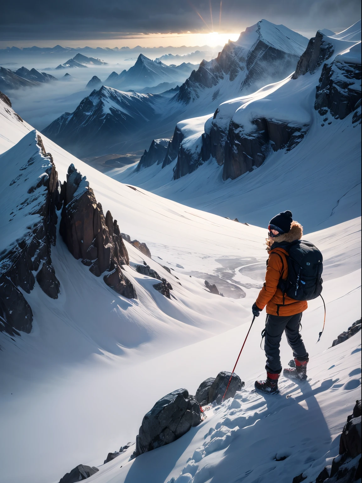 Jodie Comer in snow goggles, smiling, hiking up a very exposed ridge in the Himalayas, arduous climb, barren mountainside, misty, storm clouds, deep snow, dramatic lighting, lens flare, blue shadows, spindrift, wearing orange goretex jacket, bulky waterproof trousers, snow goggles, beanie, gaiters and Grivel crampons, rucksack, ice axe, rope attached to belt, lines of prayer flags in distance