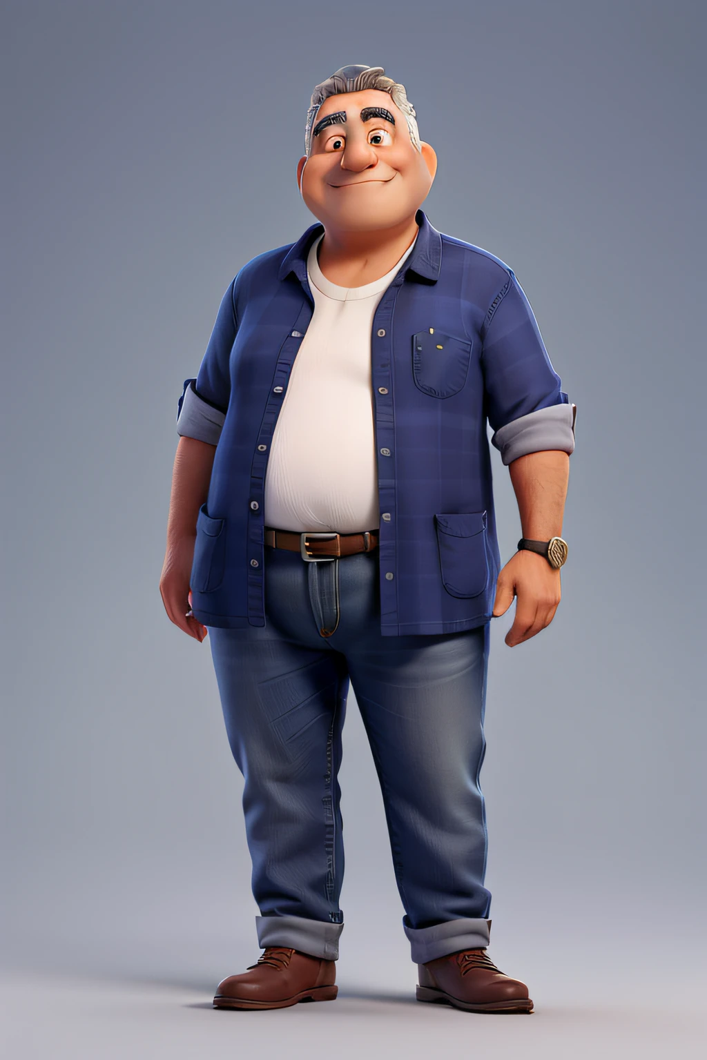 Creating a series of high-quality portraits of the character Francisco Arruda is a fat, pot-bellied man, de aproximadamente 65 anos, com pele branca e cabelos brancos e sem pelos no rosto. He wears a navy blue collared shirt that accentuates his solid presence, paired with a pair of jeans that complements the casual and practical style.