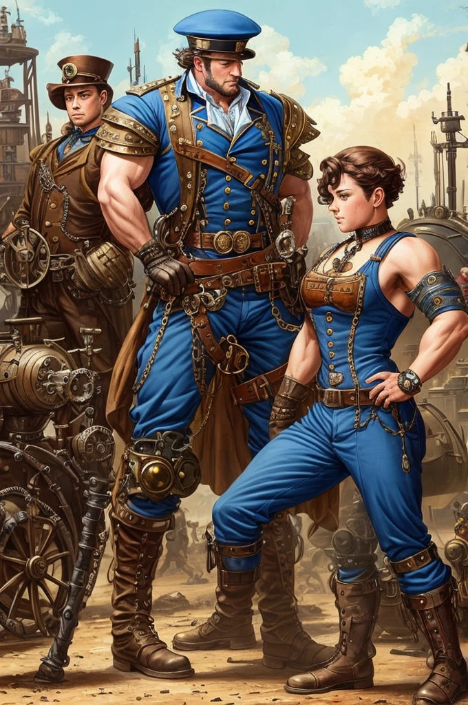 Art in color style Alex Horley, Strong muscular Steampunk mechanic, Blue uniform, Steampunk armor maintenance, war scene amidst tanks and Steampunk humanoid automatons, Steampunk combat workshop scene, ultra HD