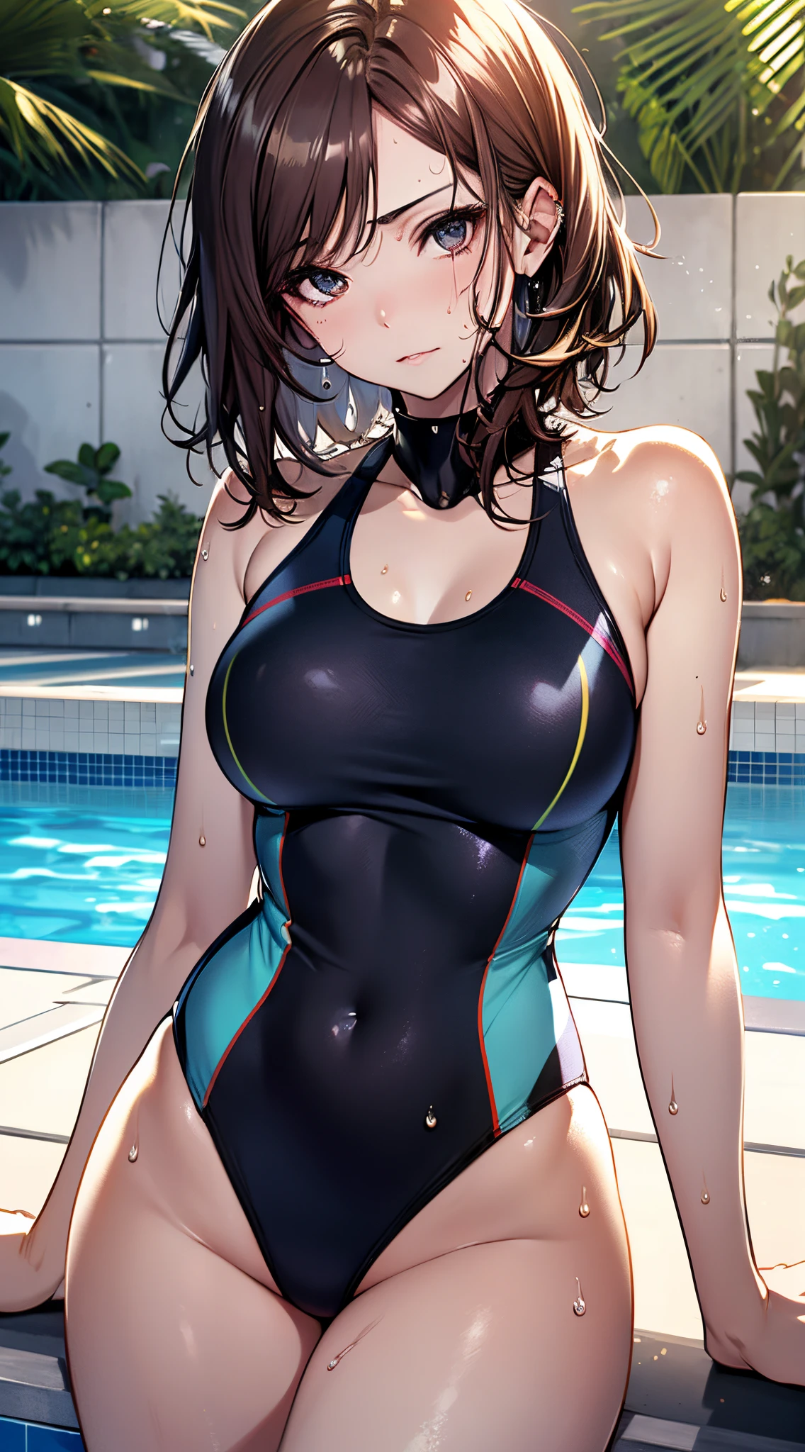 top-quality、supreme１People Girls,hightquality,A detailed face、A detailed eye、Detailed nose、Detailed mouth、 Beautiful expression, ((masuter piece)), ((High resolution)), ((Best Quality)), detail, ((Skin shiny with sweat)), (Competitive swimsuit :1.2)、 girl with, Red-haired, (short-hair)、(())、fair white skin:1.3、、large full breasts, cinmatic lighting, perfectly shaded,(((in poolside))), Realistic lighting with shades,Reflecting the whole body