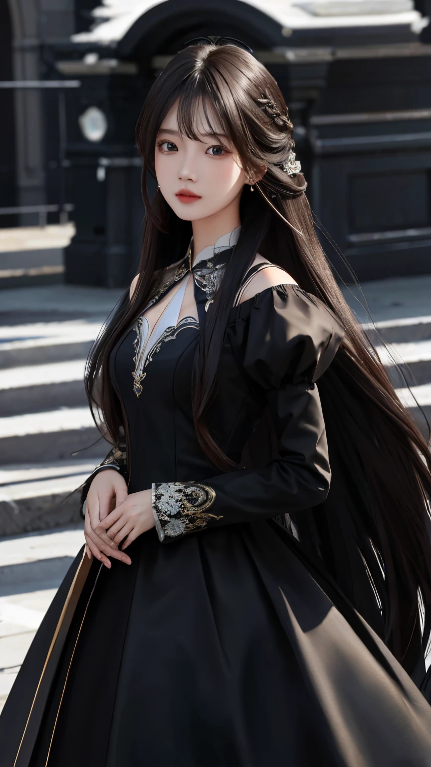 Ultra HD, The 8k quality, girl with, Very long hair, black blur dress, Detailed eyes, Front capture, unreal enginee 5,