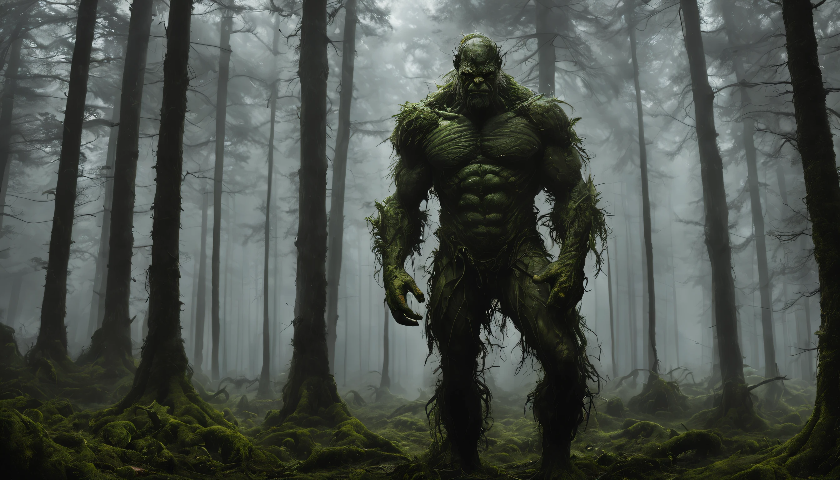 Panoramic shot view of Swamp Thing (estilo Bernie Wrightson) who is hidden in the shadows looking at the camera and smiling with innocent face, The swamp thing smiles taking a selfie, It is in a mysterious and dark forest with very little light, casi de noche, gloomy forest, Bosque oscuro en segundo plano, bosque en el fondo, Dark and misty day outside in the huge misty forest, con niebla, Niebla en el fondo, En el fondo hay mucha niebla, la cosa del pantano (estilo Bernie Wrightson) emerging from the fog and smiling looking at the camera, Pay meticulous attention to detail, capturando cada musculo de la cosa del pantano, the texture of skin mixed with the plants of the swamp, plano medio selfie, 8k selfie photograph, Foto selfie, profesional photography, 8k, foto RAW, La mejor calidad, obra maestra, fotorrealista, Altamente detallado, cinematography lighting, foco nítido, DSLR, High resolution, fotorrealista,