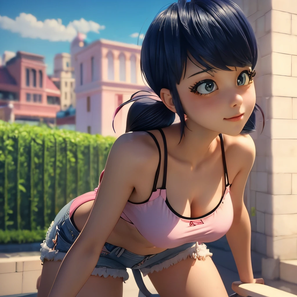 masterpice, (best quality), ((best detailed)), depth of field, Ladybug, big breasts, twintails,, Pink shorts, looking back