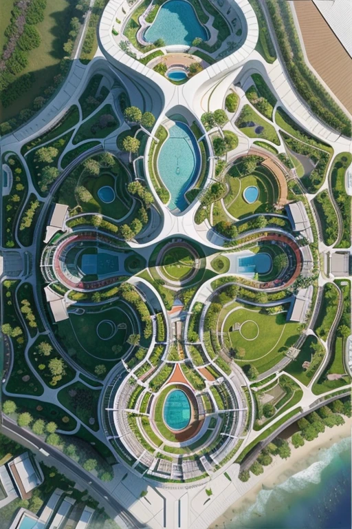 site plan of a ((coastal urban park)), high-density, Zaha Hadid architecture, ((top view)), natural light, mir render, masterpiece, high quality, outdoor