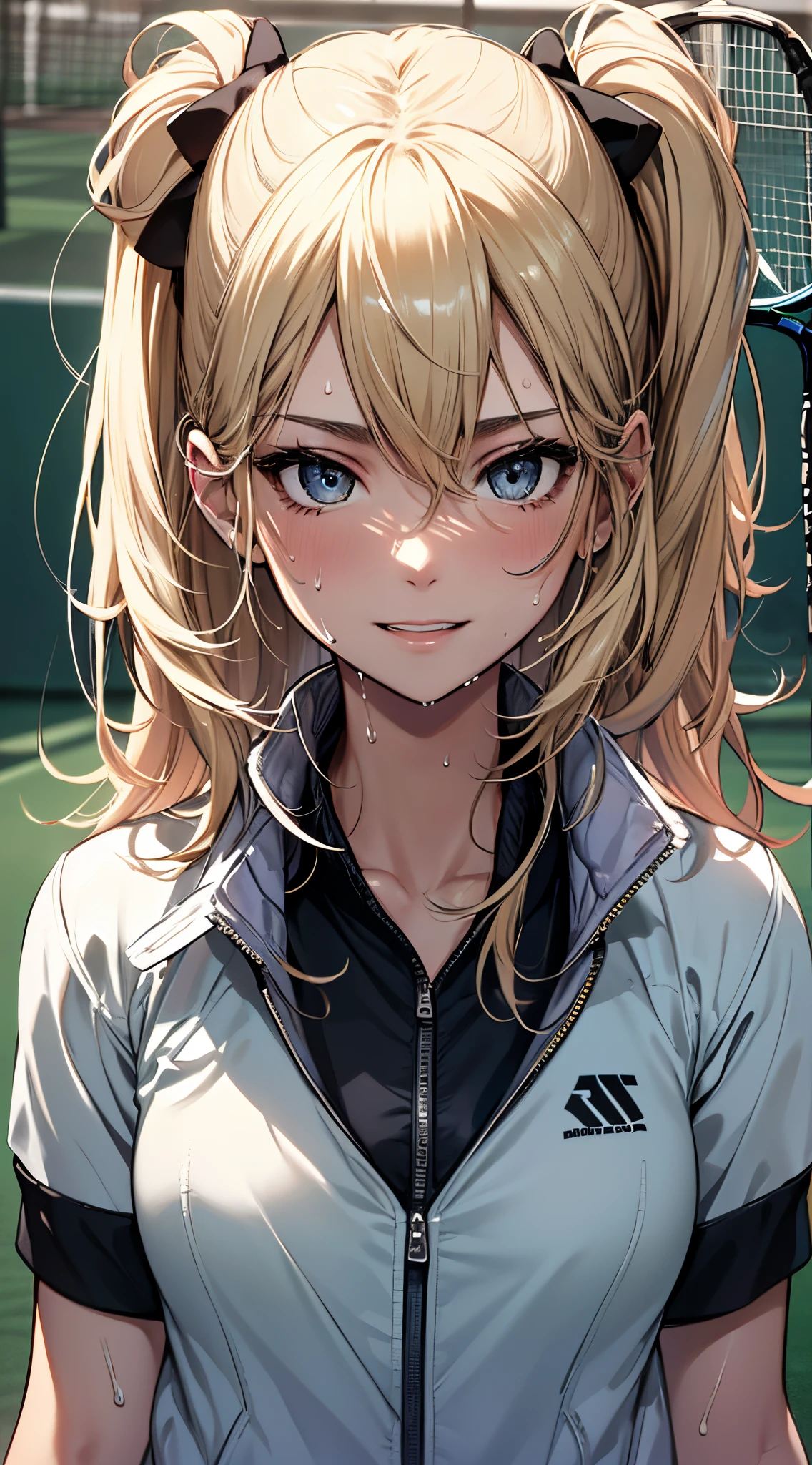 top-quality、supreme1People Girls,hightquality,A detailed face、A detailed eye、Detailed nose、Detailed mouth、 Beautiful expression, ((masuter piece)), ((High resolution)), ((Best Quality)), detail, (NSFW:1.4 ,cum faced、Excited face.Very happy,), ((Skin shiny with sweat)), (Tennis Wear:1.3)、 girl with, a blond, (Half Twin Tail)、Standing figure、fair white skin:1.3、、Smaller chest, cinmatic lighting, perfectly shaded,(((tennis coat))), Realistic lighting with shades,Reflecting the whole body