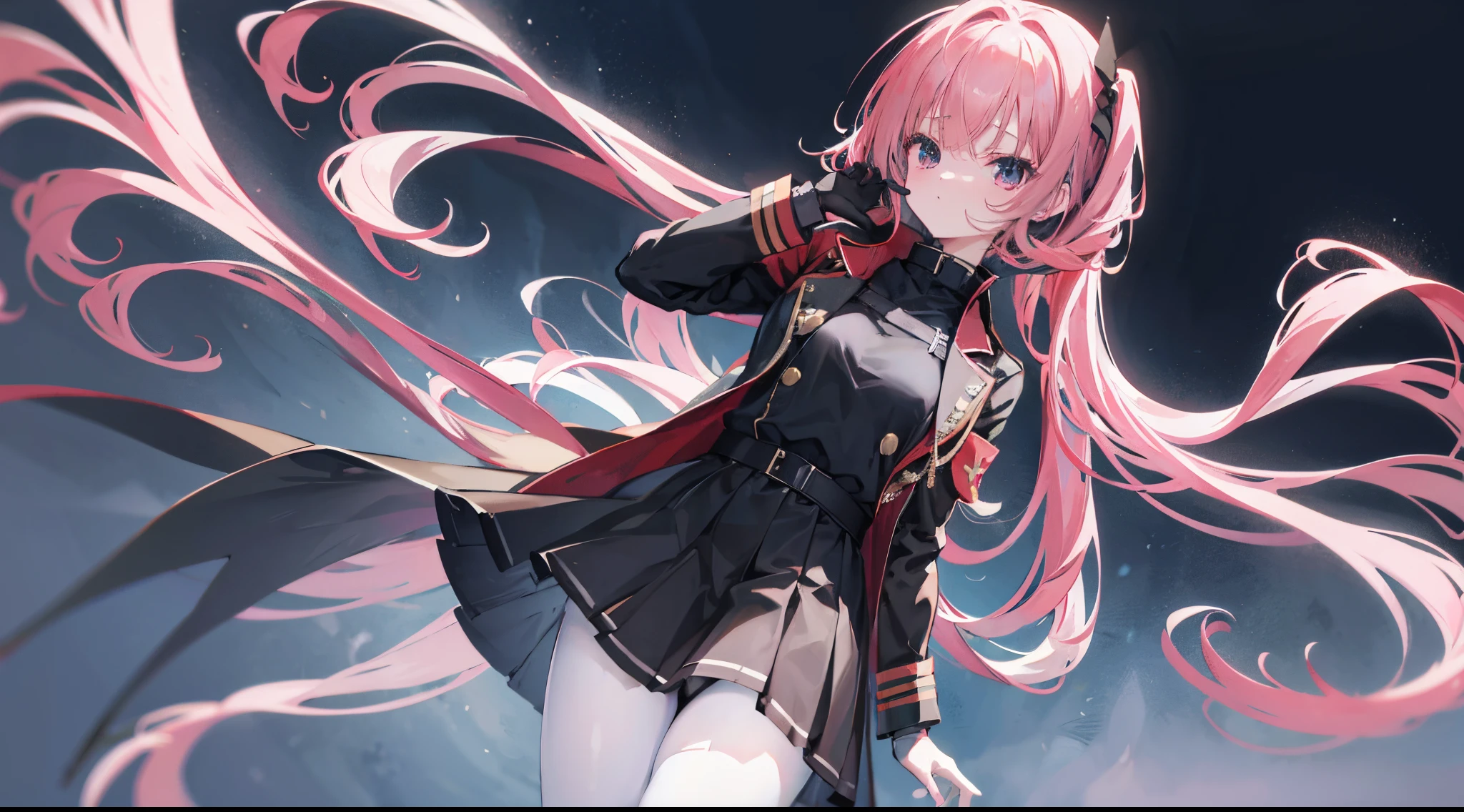 mitsukasa ayas,army suit,Manteau,short skirt,black pantyhoses,black military boots,mitts,Place your hands behind your back,A sexy pose