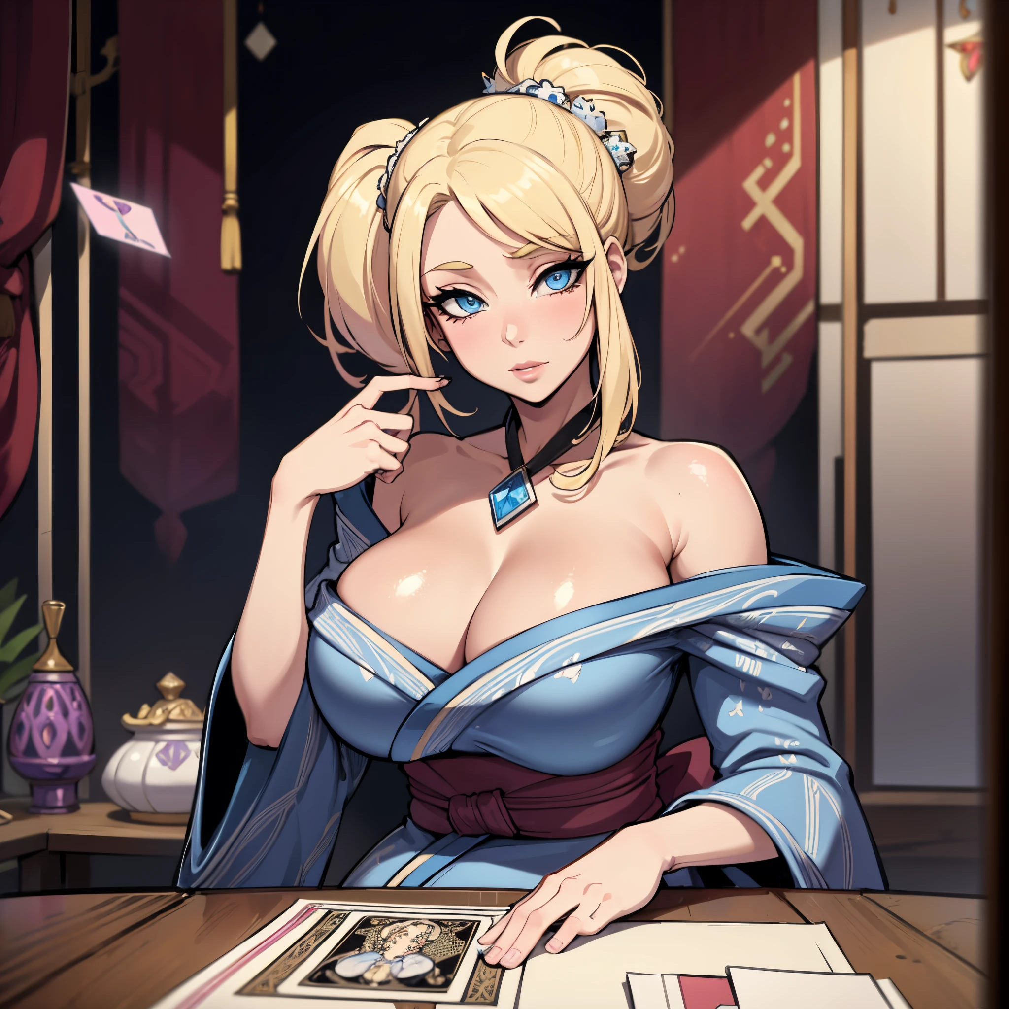 1 female with blonde ponytail, beautiful detailed eyes, blue eyes, wearing white and pink patterned kimono. Sitting at a table with Tarot cards and crystal ball, enormous boobs, large breasts, (CLEAVAGE), bare shoulders, open kimono