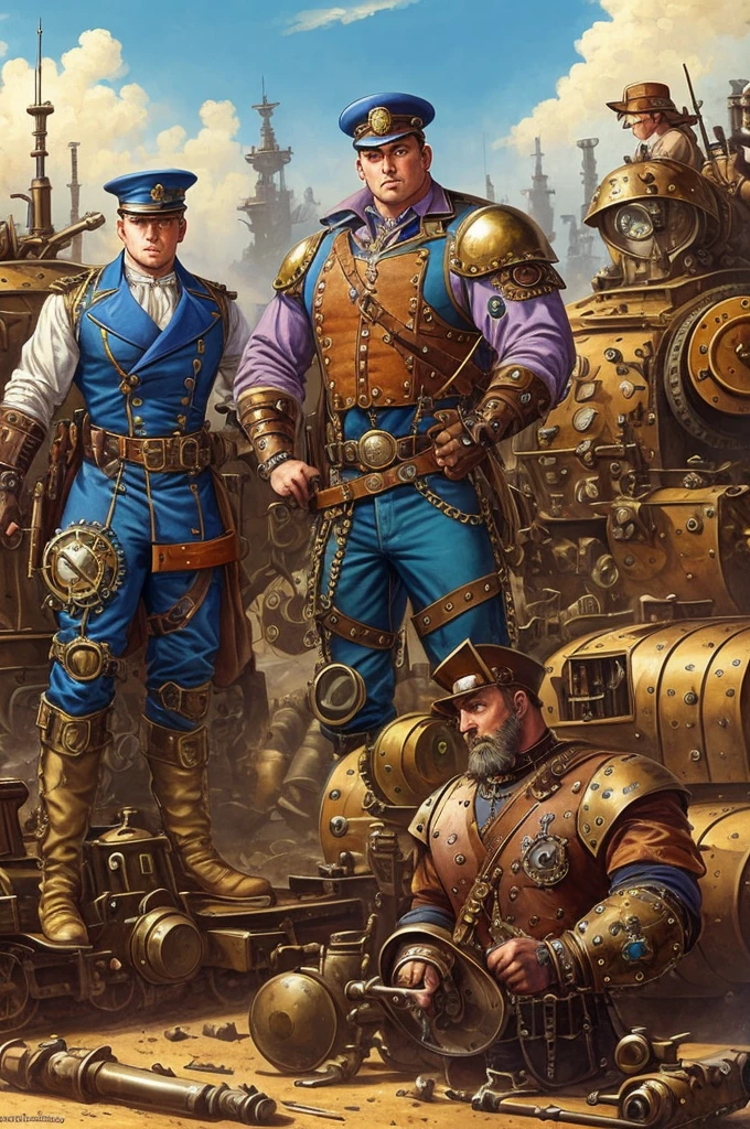 Art in colors in Alex Horley style, strong muscular Steampunk mechanic, Blue uniform, Steampunk armor maintenance, war scene amidst tanks and Steampunk automatons, Steampunk combat workshop scene, ultra HD definition