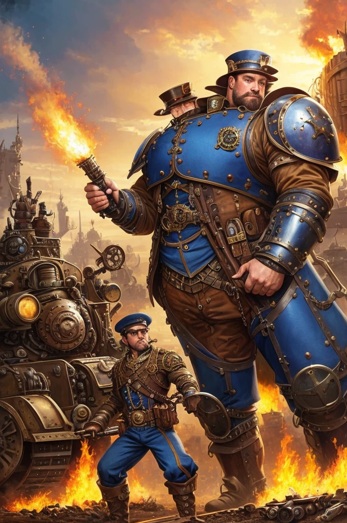Art in colors in Alex Horley style, strong muscular Steampunk mechanic, Blue uniform, Steampunk armor maintenance, war scene amidst tanks and Steampunk automatons, Steampunk combat workshop scene, ultra HD definition
