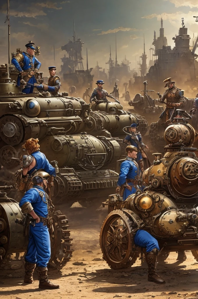 Art in colors in Alex Horley style, strong muscular Steampunk mechanic, Blue uniform, Steampunk armor maintenance, war scene amidst tanks and Steampunk automatons, Steampunk combat workshop scene, ultra HD definition