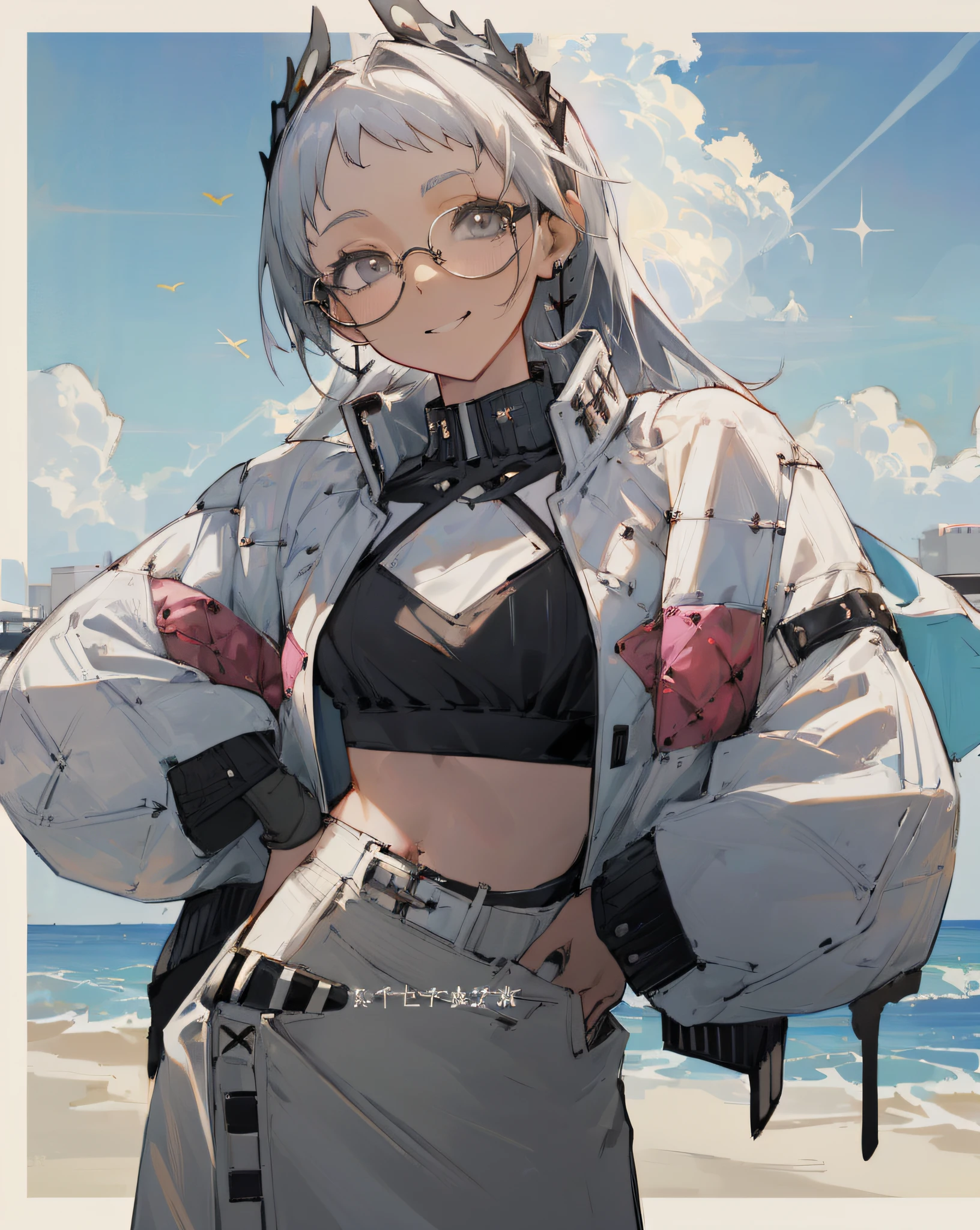(((good face, good eyes, beautiful face, good mouth, good nose, sparkling eyes))), ((((stomach, nice belly, thin, toned, ribs)))), (((perfect anatomy))), ((anime girl, anime)), detailed background, highres, official art, (masterpiece, best quality, absurdres), ((((1girl, solo)))), ((extreme detail)), (ultra-detailed), (textured skin), (((very clear))), best quality, masterpiece, highres, grey eyes, grey hair, head wings, long hair, looking at viewer, belt, black shirt, black skirt, blue-tinted eyewear, clothes writing, ((alternate costume, contemporary, fashion)), cowboy shot, crop top, ear piercing, earrings, glasses, hands on own hips, headphones, headphones around neck, high-waist skirt, jacket, jewelry, long sleeves, midriff, multiple earrings, pencil skirt, piercing, puffy long sleeves, puffy sleeves, shirt, skirt, ((sleeves past wrists)), smile, solo, strapless, sunglasses, teeth, tinted eyewear, tube top, upper body, white belt, white hair, white jacket, outdoors, cityscape, sea, beach, sunny, sun, buildings