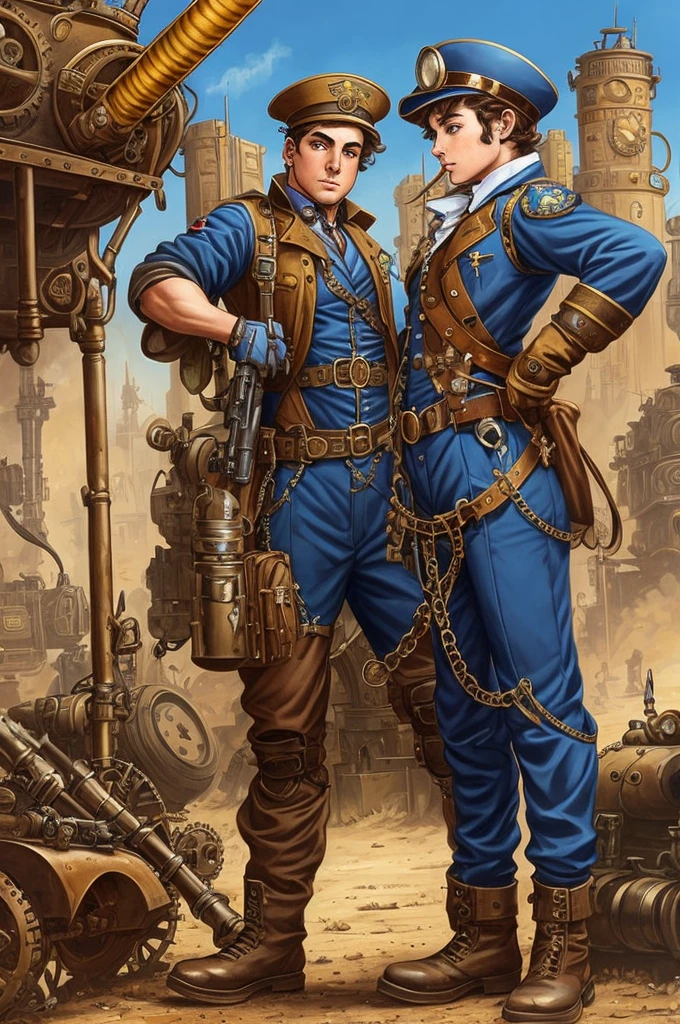 Art in color style Alex Horley, Steampunk Mechanic, Blue uniform, Weapons maintenance in the combat center, frantic war scenario, Steampunk tanks and humanoid automatons, ultra HD