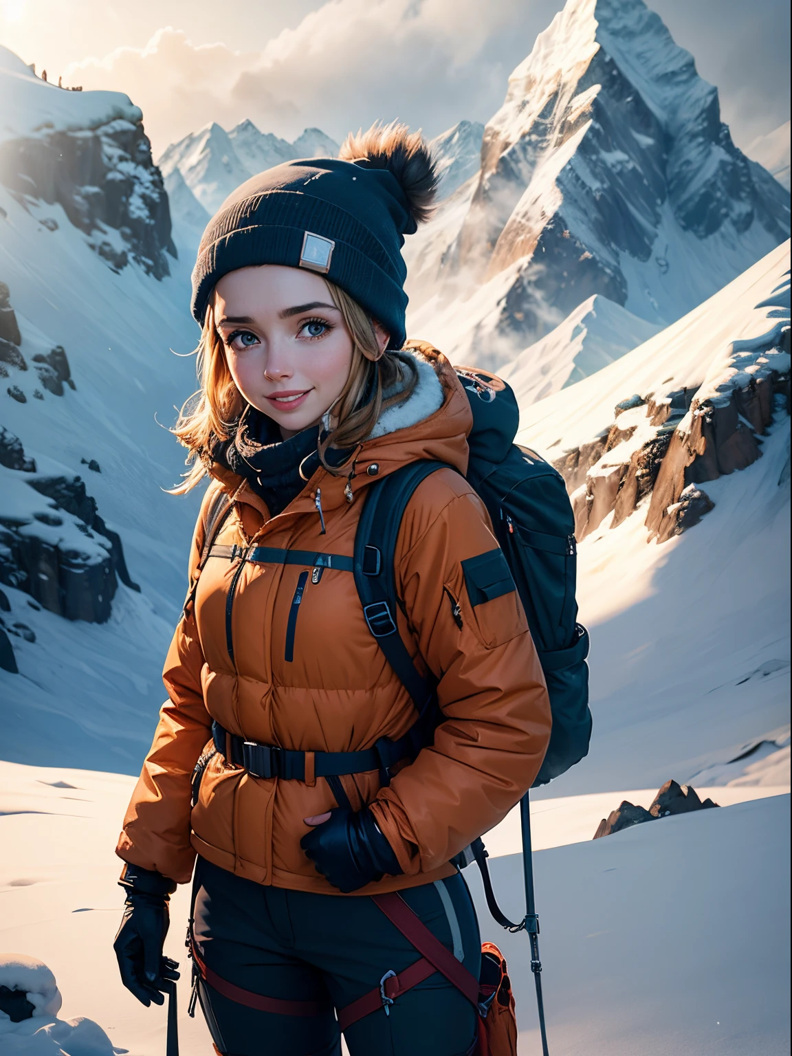 Jodie Comer in snow goggles, smiling, struggling up a very exposed ridge in the Himalayas, arduous climb, barren mountainside, misty, storm clouds, deep snow, dramatic lighting, lens flare, blue shadows, spindrift, wearing orange goretex jacket, bulky waterproof trousers, snow goggles, beanie, gaiters and Grivel crampons, rucksack, ice axe, rope attached to belt, lines of prayer flags in distance