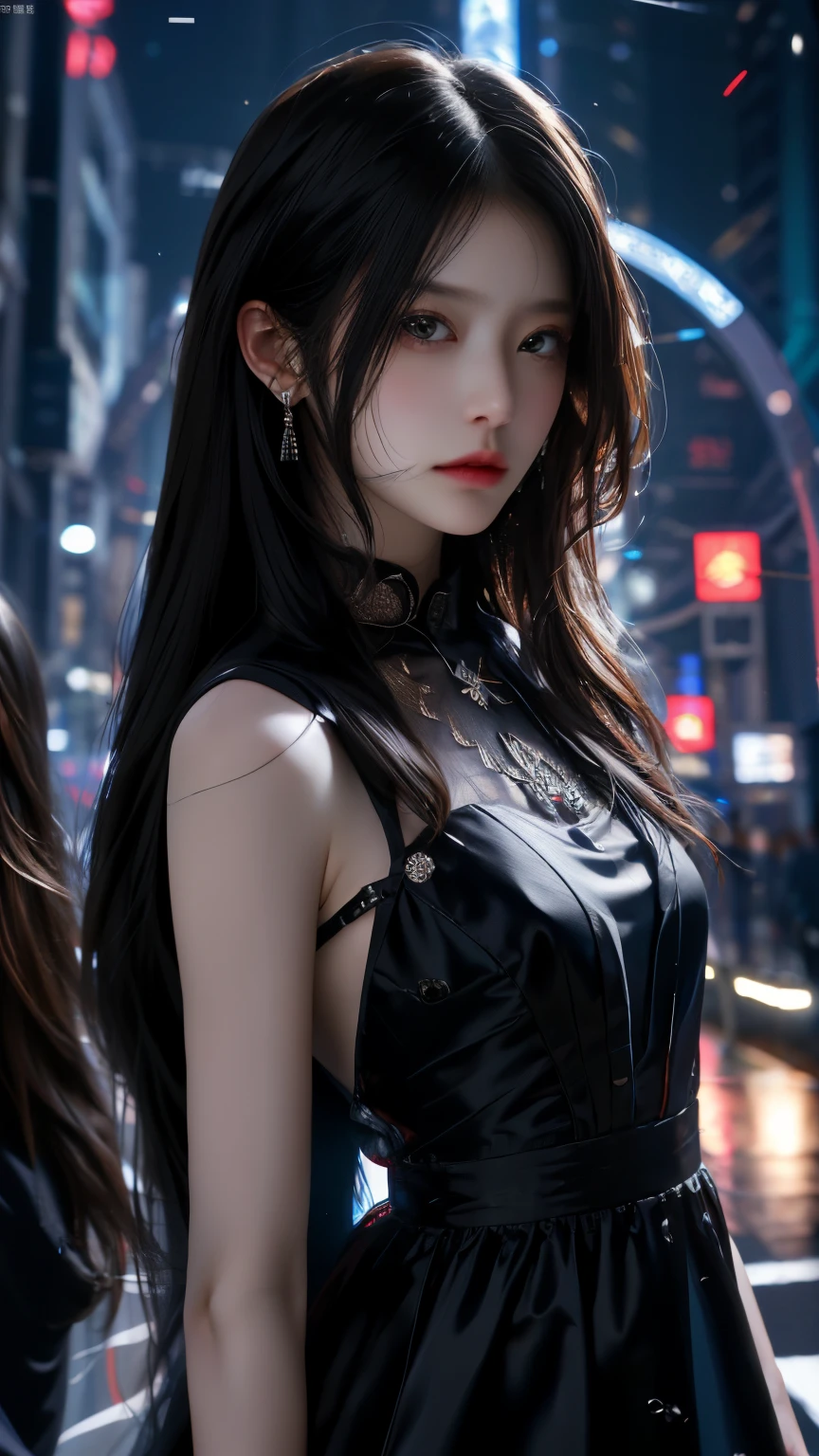 Ultra HD, The 8k quality, girl with, Very long hair, black blur dress, Detailed eyes, Front capture, unreal enginee 5,