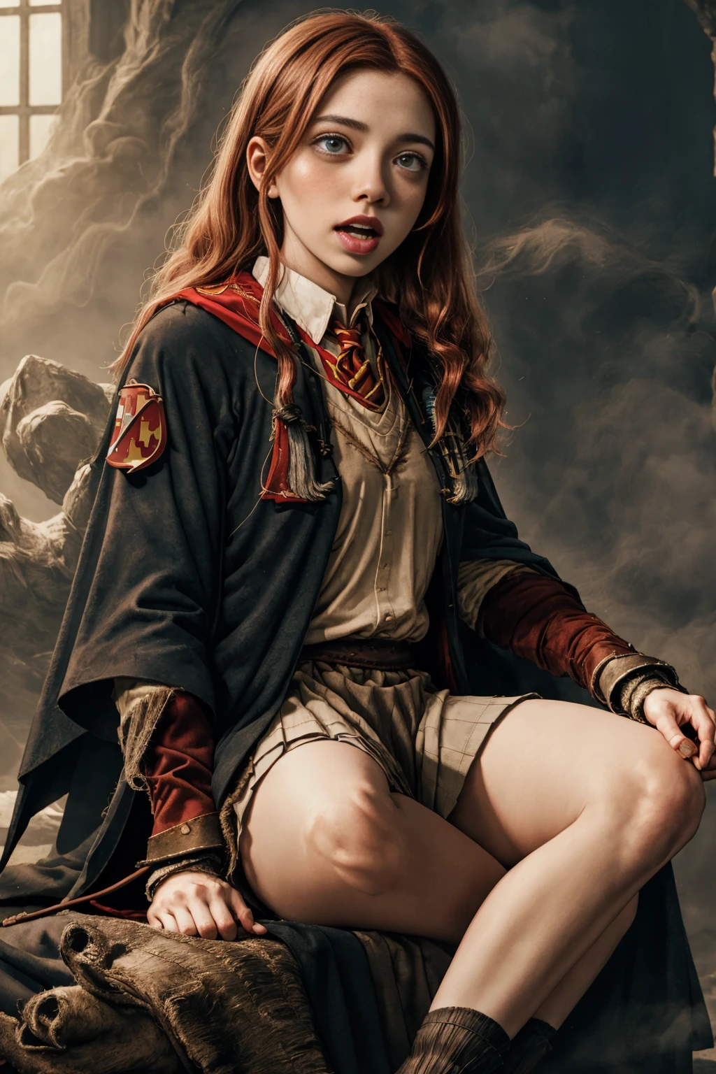 (far wide shot:1.5), 1girl, (solo:1.5), a beautiful picture of Ginny Weasley, ginwea1, wearing a uniform, masterpiece, photorealistic, detailed, 4k, HDR, backlighting, light, RAW color photo, soft skin, red hair, detailed face, blue eyes, striped scarf, short pleated skirt, black robe, medieval, (gryffindor:1.4), (ahegao:1.5), (ahg1:.5), (rolling eyes :1.5), hogsks, looking up, screaming, gasping, holding her breath, (fainting:1.5), spread legs, (breathless:1.5)