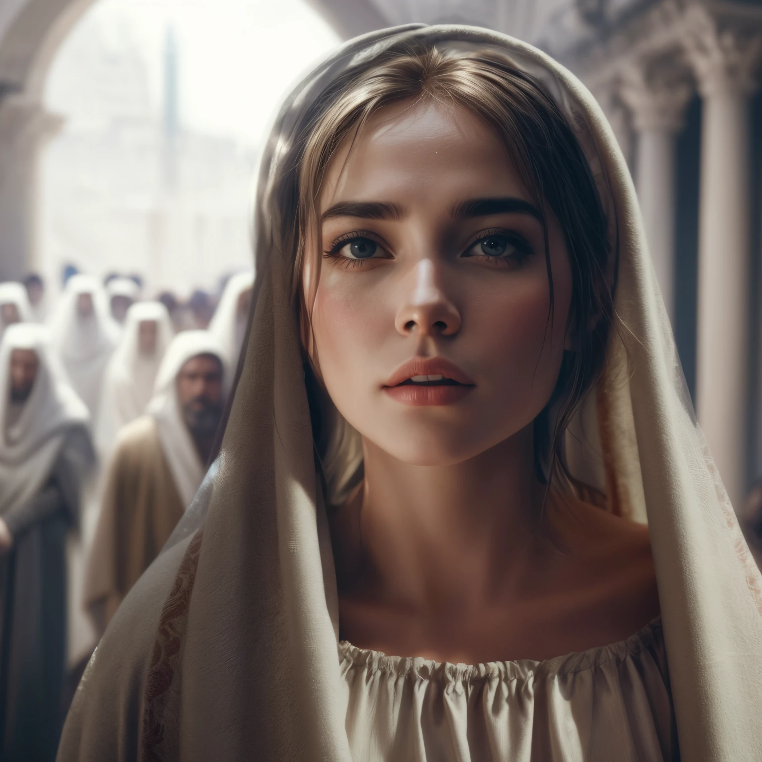 a close-up of a woman in a white robe in 390 d.C., with a crowd behind her, Imogen Poots como um guerreiro santo, 8k portrait render, Unreal Engine 5 4 K UHD imagem, ultra realista 8k octan foto, Unreal Engine 5 altamente renderizado, unreal engine render + uma deusa, imagem realista de uma mulher em 390 d.C., in a robe pointing at a crowd of people, Realistic image of biblical times, fourth century d.C., imagem realista de alta qualidade, linda imagem realista bonita ultra realista, imagem realista impressionante, photorealistic cinema, imagem realista do renascimento, retrato de alta qualidade, pintura de personagem bonita
